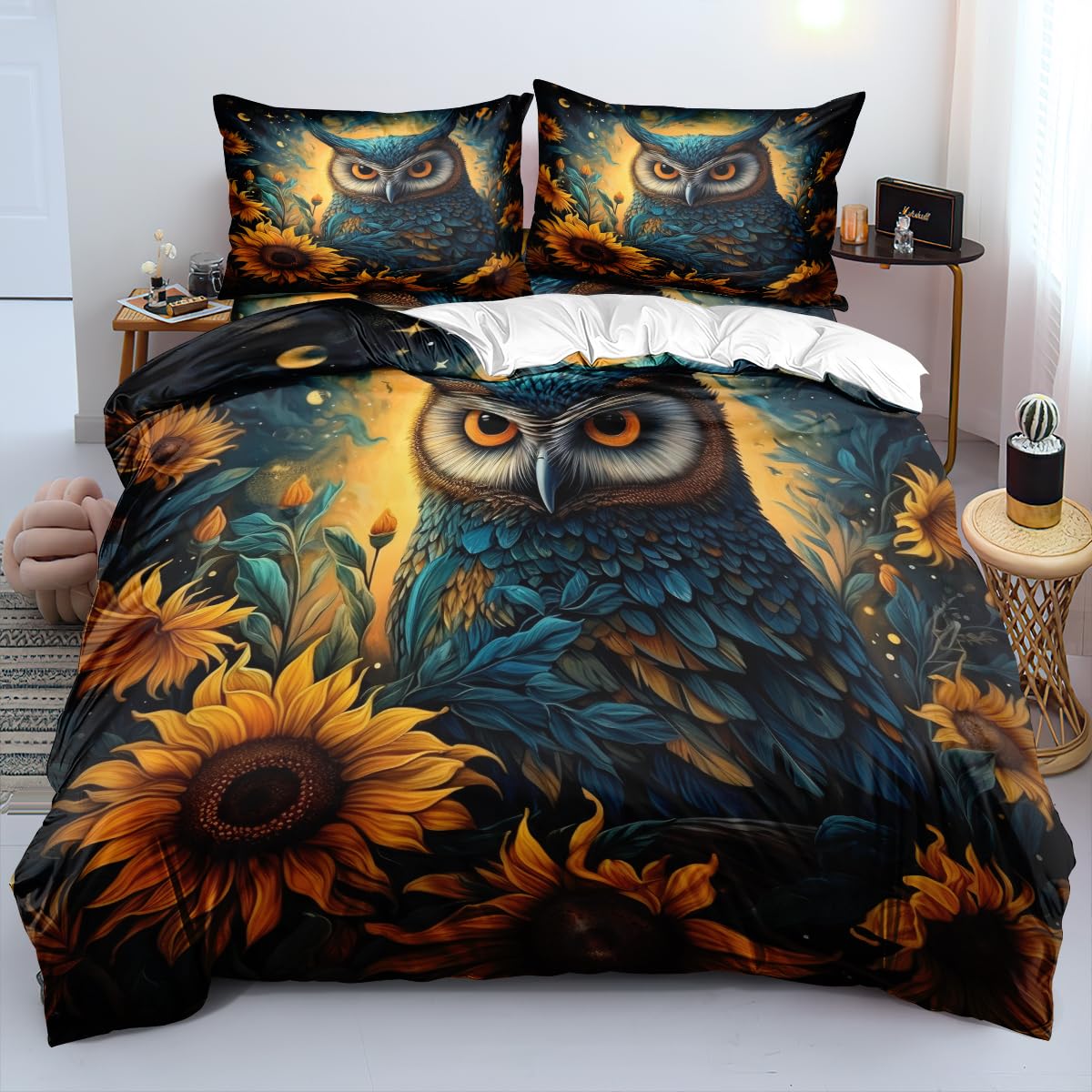 CCoutueChen Vintage Owls Sunflowers Duvet Cover Set Queen Size Amber Birds Floral Bedding Romantic Owls Sunflowers Painting Comforter Cover for Women Kids Teens 3Pcs Soft Bed Set with Zipper Closure
