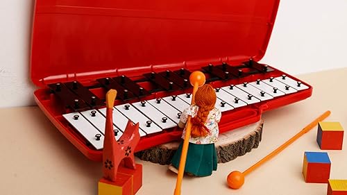 Miniatura 8 de Xylophone 25 Note Chromatic Glockenspiel en una caja de plástico roja - Juegos de tarjetas con 23 canciones codificadas por letras
