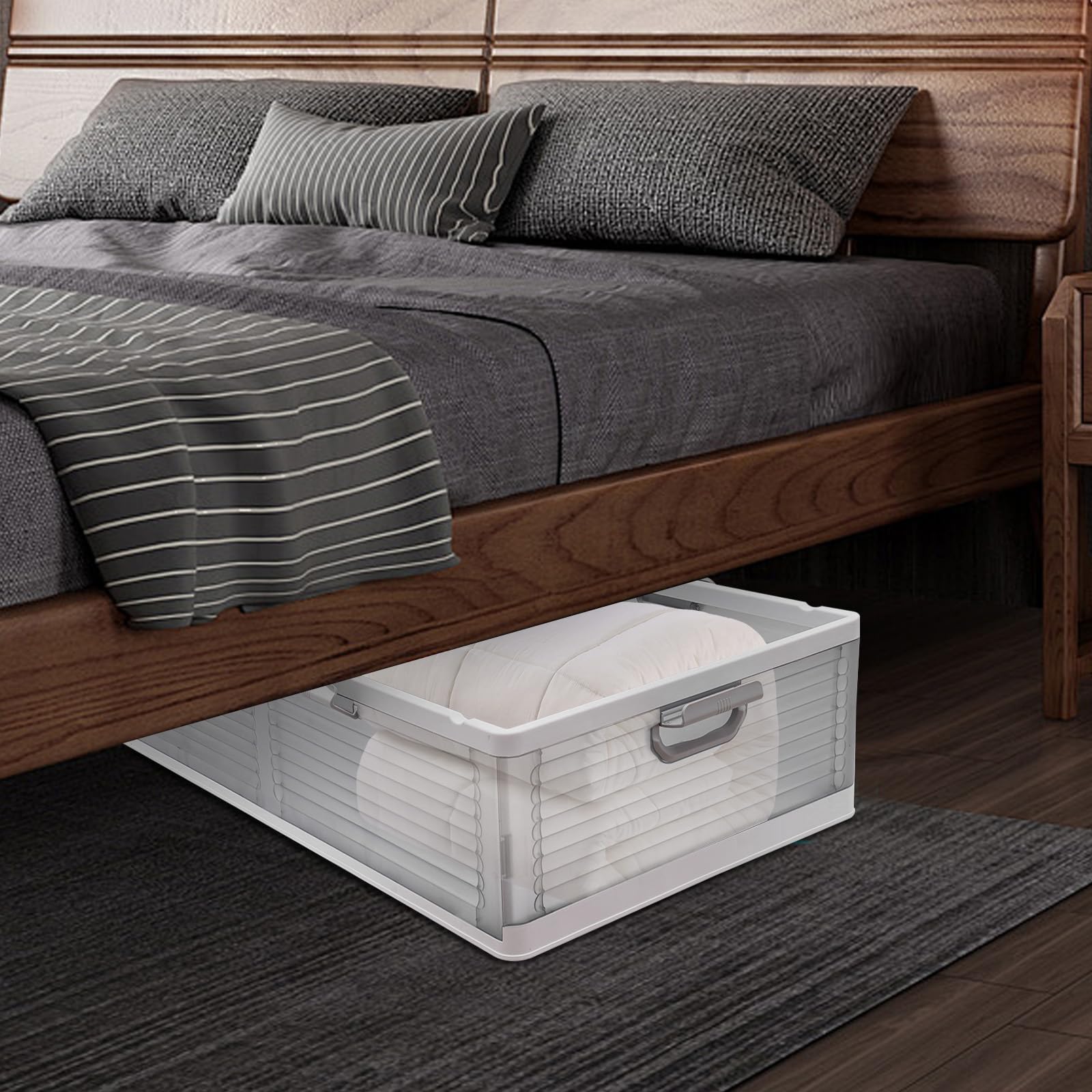 Scatola portaoggetti pieghevole con ruote e coperchio (bianco + semitrasparente) | Cassettiera in plastica PP con 6 fibbie, maniglia laterale, pieghevole, per biancheria da letto, 101 x 51,5 x 24 cm
