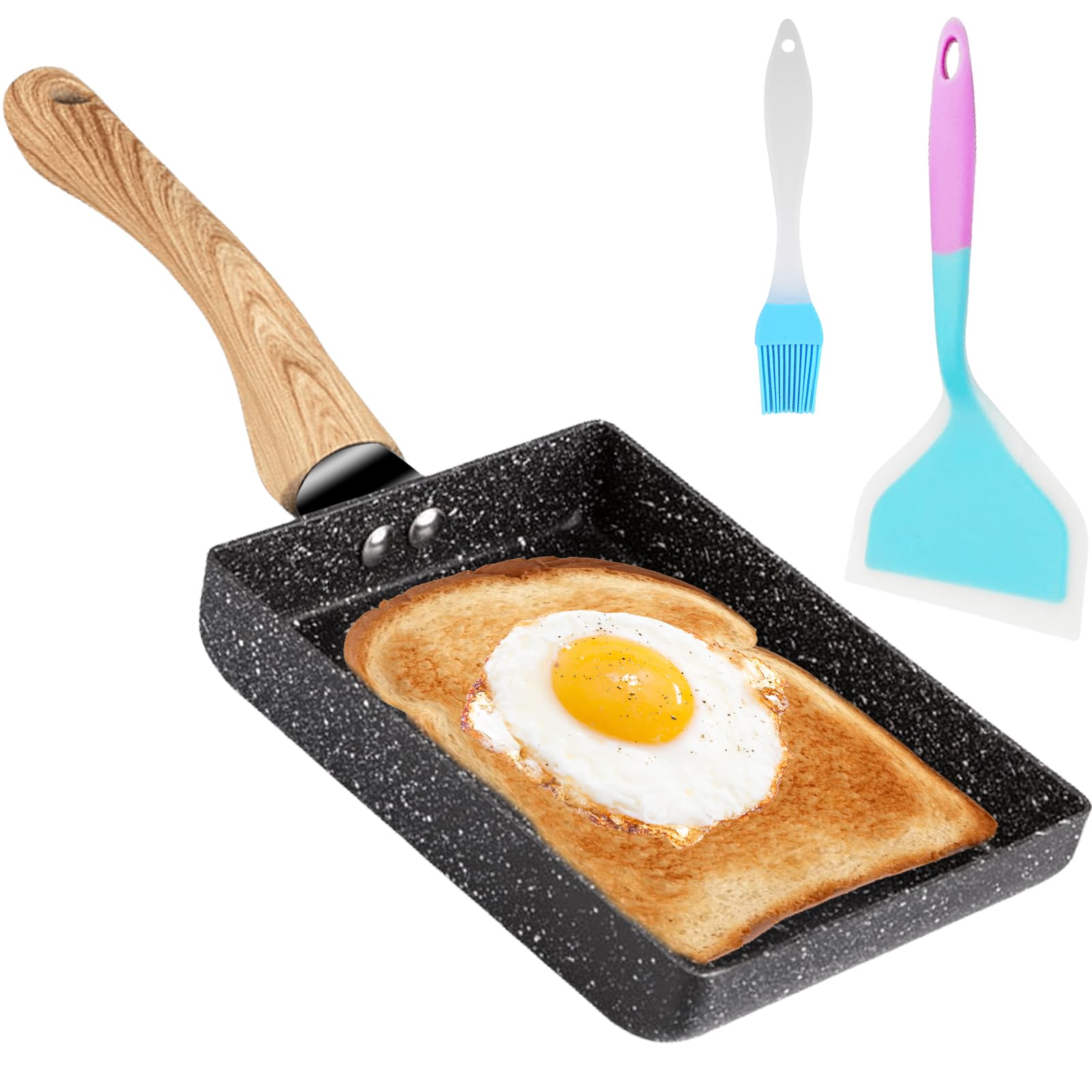 GBKDQQ Tamagoyaki Patelnia do omletów, nieprzywierająca, prostokątna, japońska patelnia do wszystkich rodzajów kuchenek, piekarnika i mycia w zmywarce, w zestawie szczotka do oleju, silikonowa