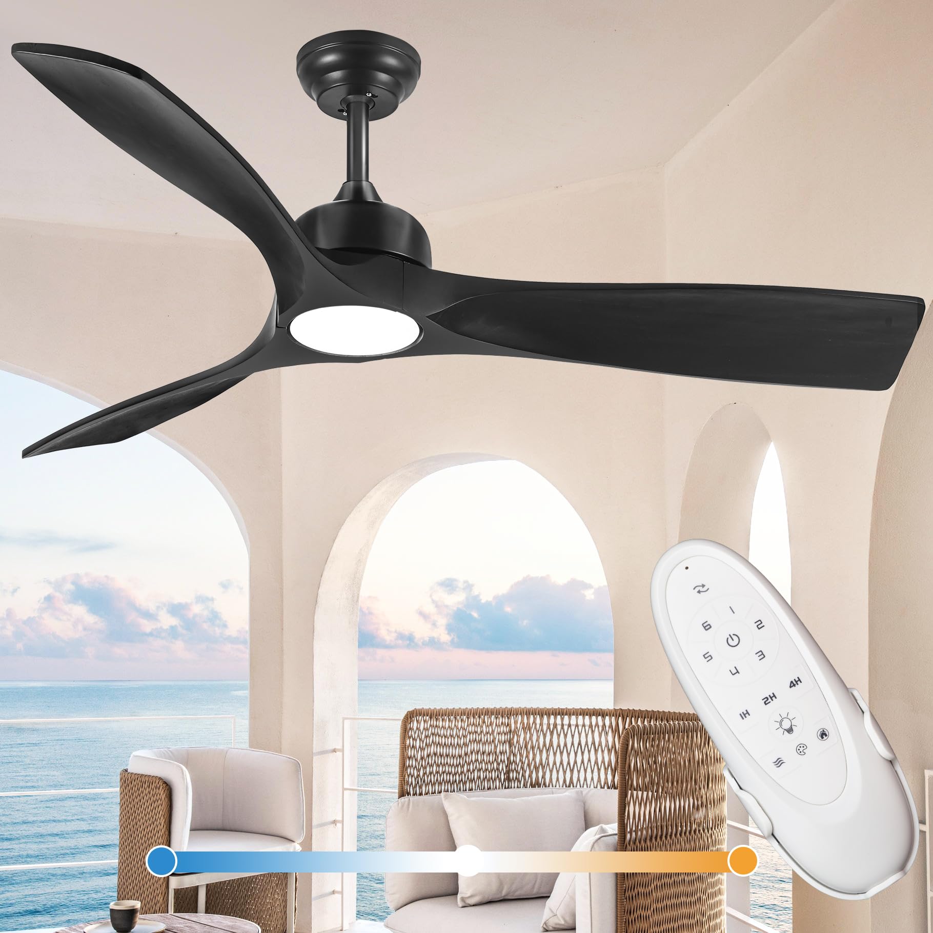 52 Inch Ceiling Fan with Light and Remote, Black Indoor Outdoor Ceiling Fan with Light for Patio, 3 Blade Natural Solid Wood Ceiling Fan Propeller, Low Profile Ceiling Fan Quiet Reversible DC Motor