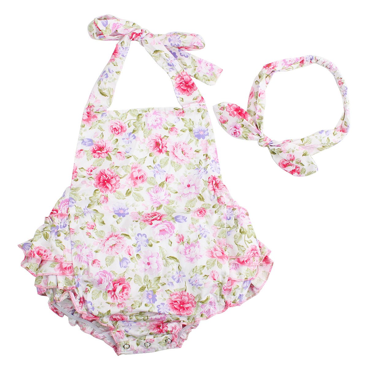 Baby Girls 2pcs Sets Cotton Ruffles Romper Outfits Clothes (S:6Months, Pink Peony)