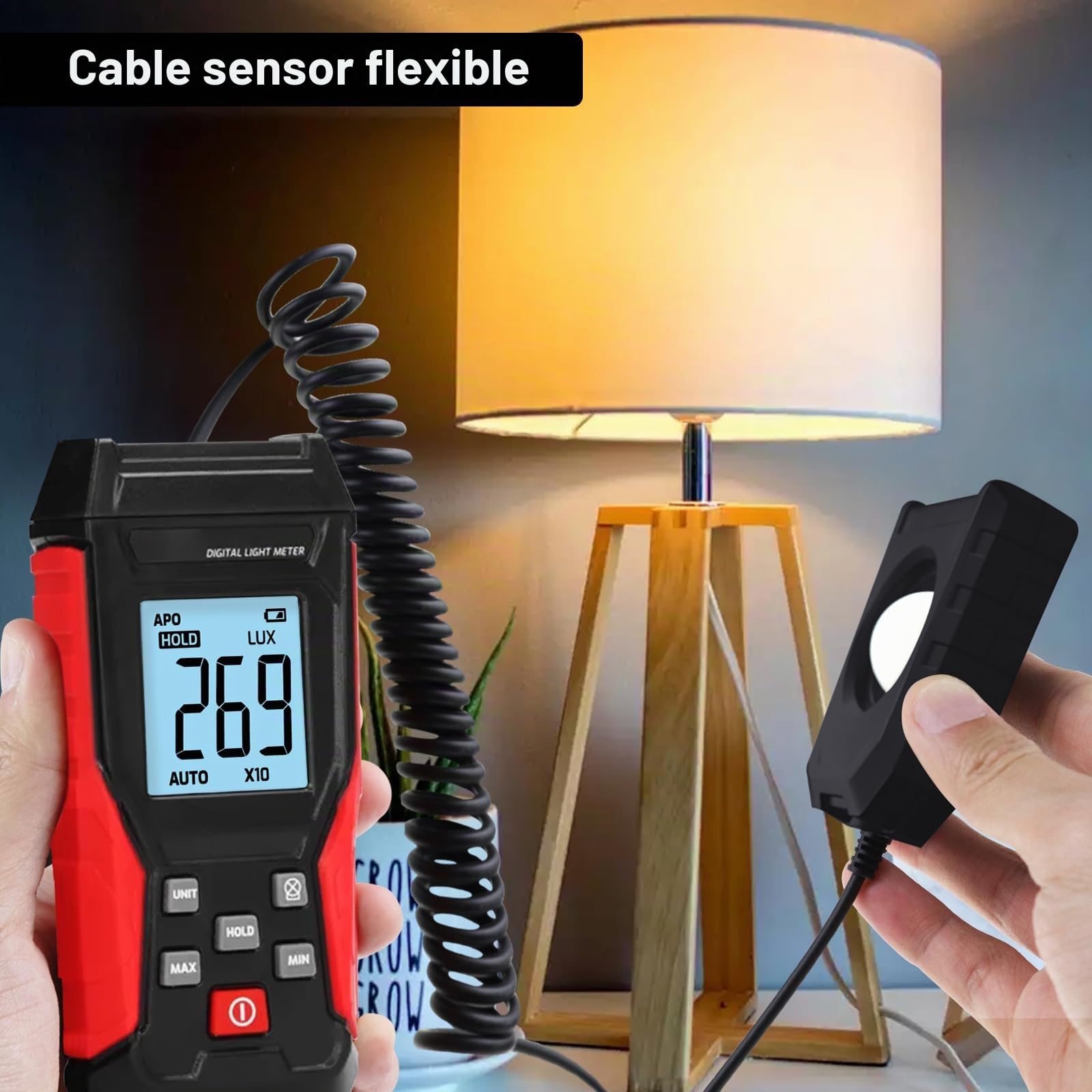 Medidor de Luz/Lux Digital de Mano con Sensor de Luz, Rango de 200,000 Lux, Iluminancia para Plantas de Interior y Exterior
