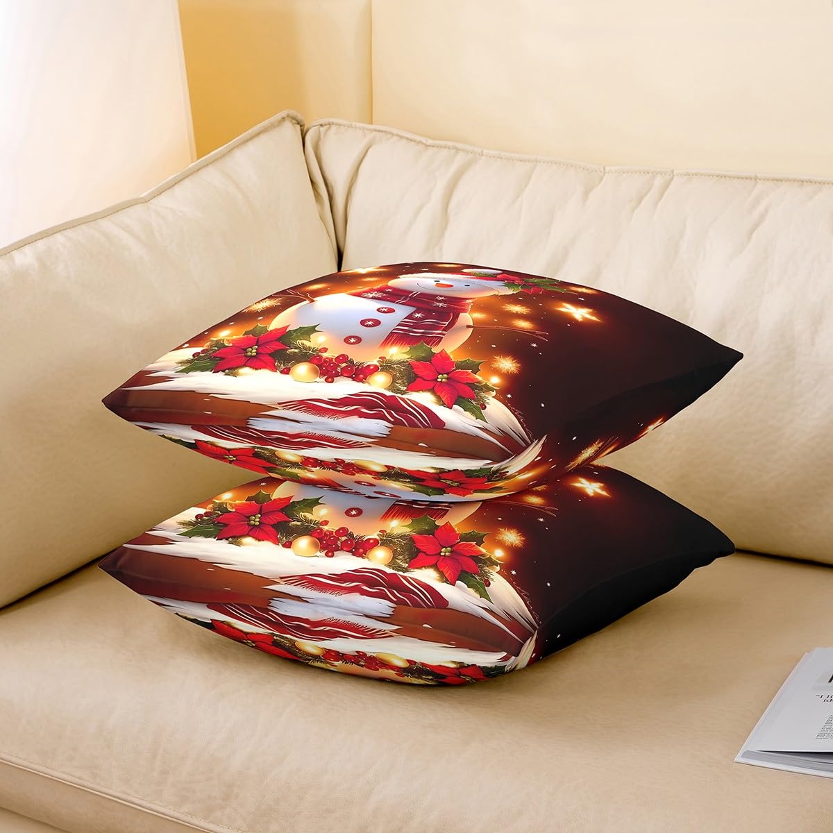 Homemissing Fundas de almohada reversibles de Navidad de 50 x 50 cm, fundas de almohada cuadradas de muñeco de nieve navideño, juego de 4 fundas de almohada de copo de nieve, fundas de almohada rojas