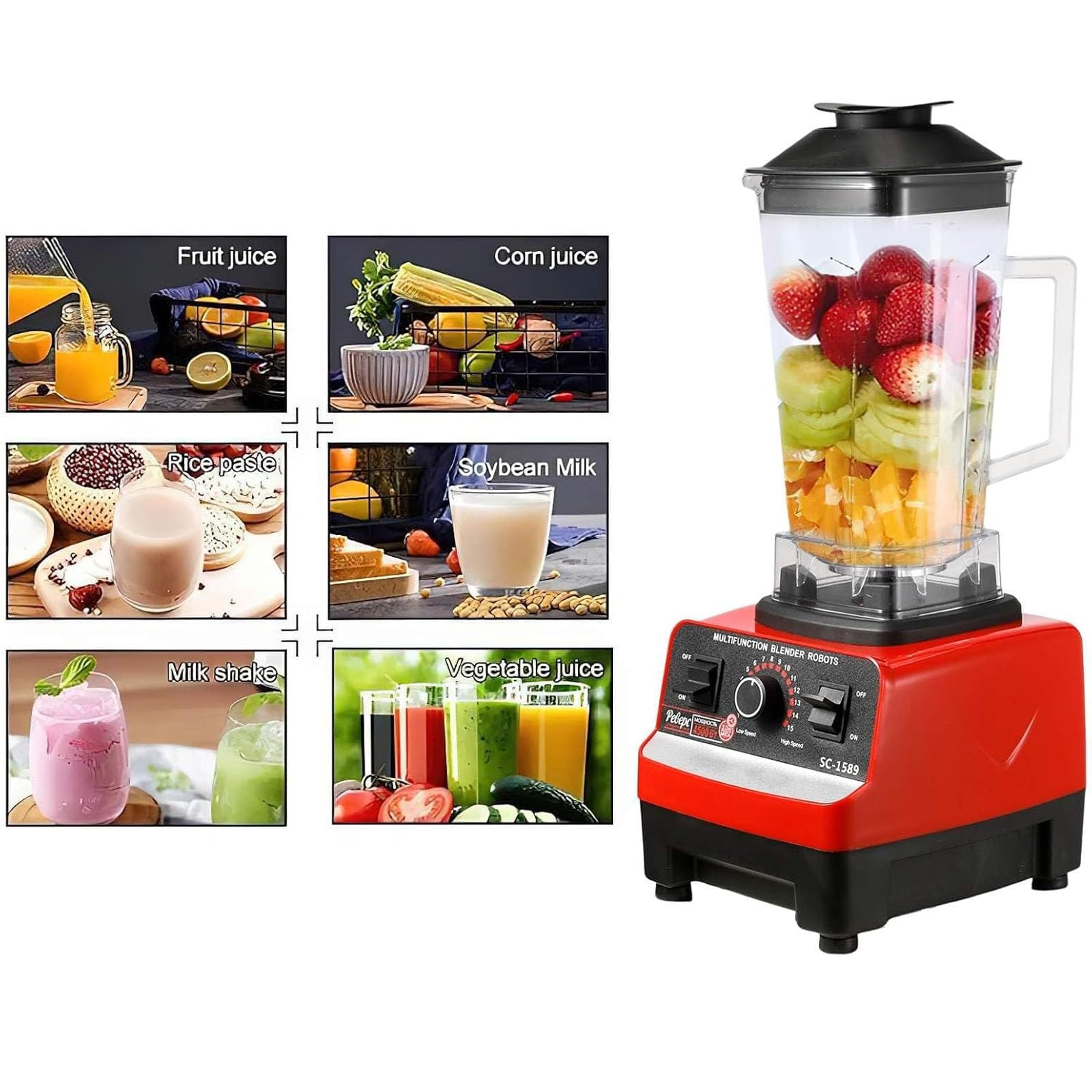 Blender Komercyjny 2L - 4500W Wysoka Prędkość Smoothie Maker Z Kubkiem 650ml, 6 Ostrzy Ze Stali Nierdzewnej, Regulowana Prędkość I Pulse, Sokowirówka Młynek I Kruszarka Lodu