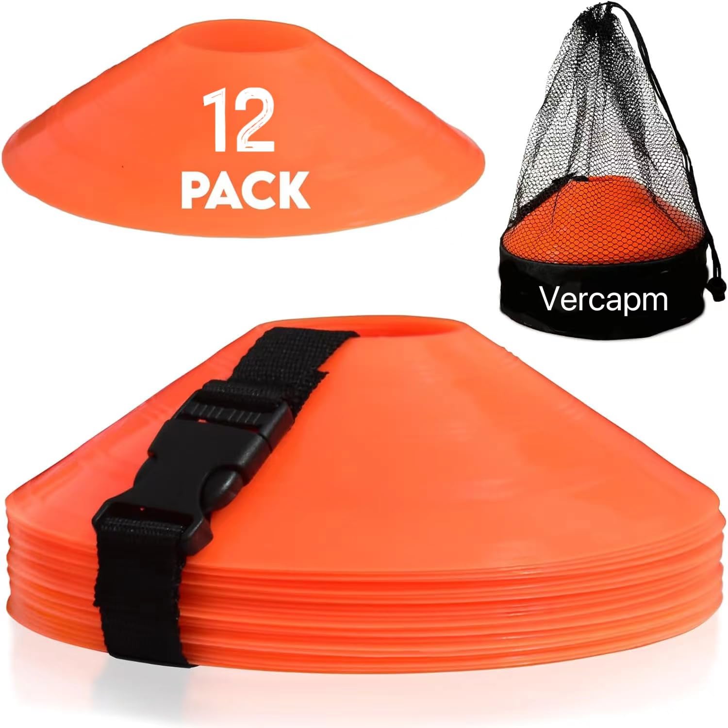 vercapm Soccer Cones for Training - (12 Pcs) with Mesh Bag & Strap - Flexible & Heavy Duty - Best for Football, Basketball & Running Drills - Premium Quality Soccer Training Cones Sports