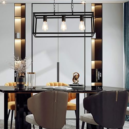 Miniatura 9 de Lámpara de granja para comedor, 5 luces colgantes negras, para colgar en la isla de cocina, lámpara de techo lineal con cadenas ajustables