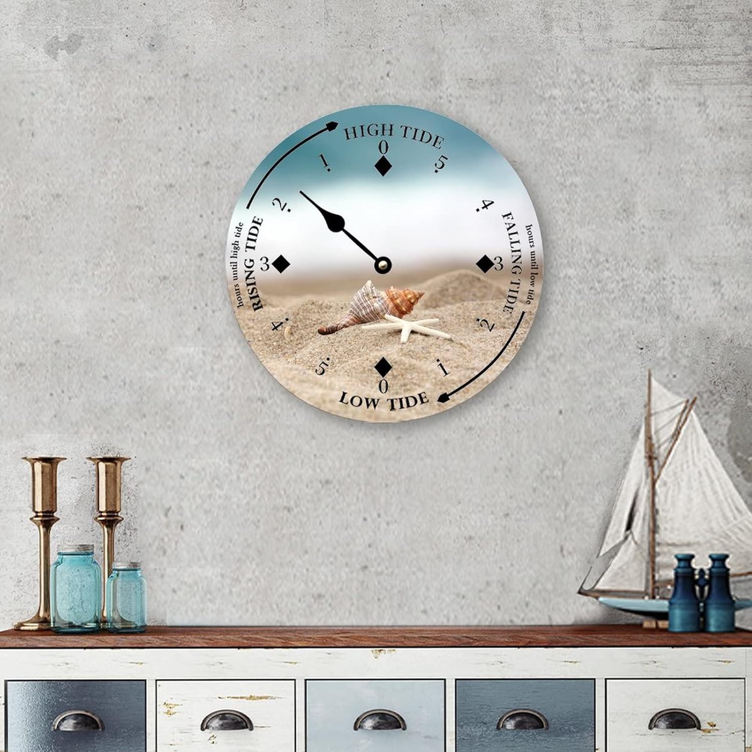 Wall Tide Clock Moon Tidal Beach and Shell Ocean Time Coastal Wall Wooden Clock with High and Low Tide Nautical Tide Movement Clock Wall Decoration for Beach House Living Room
