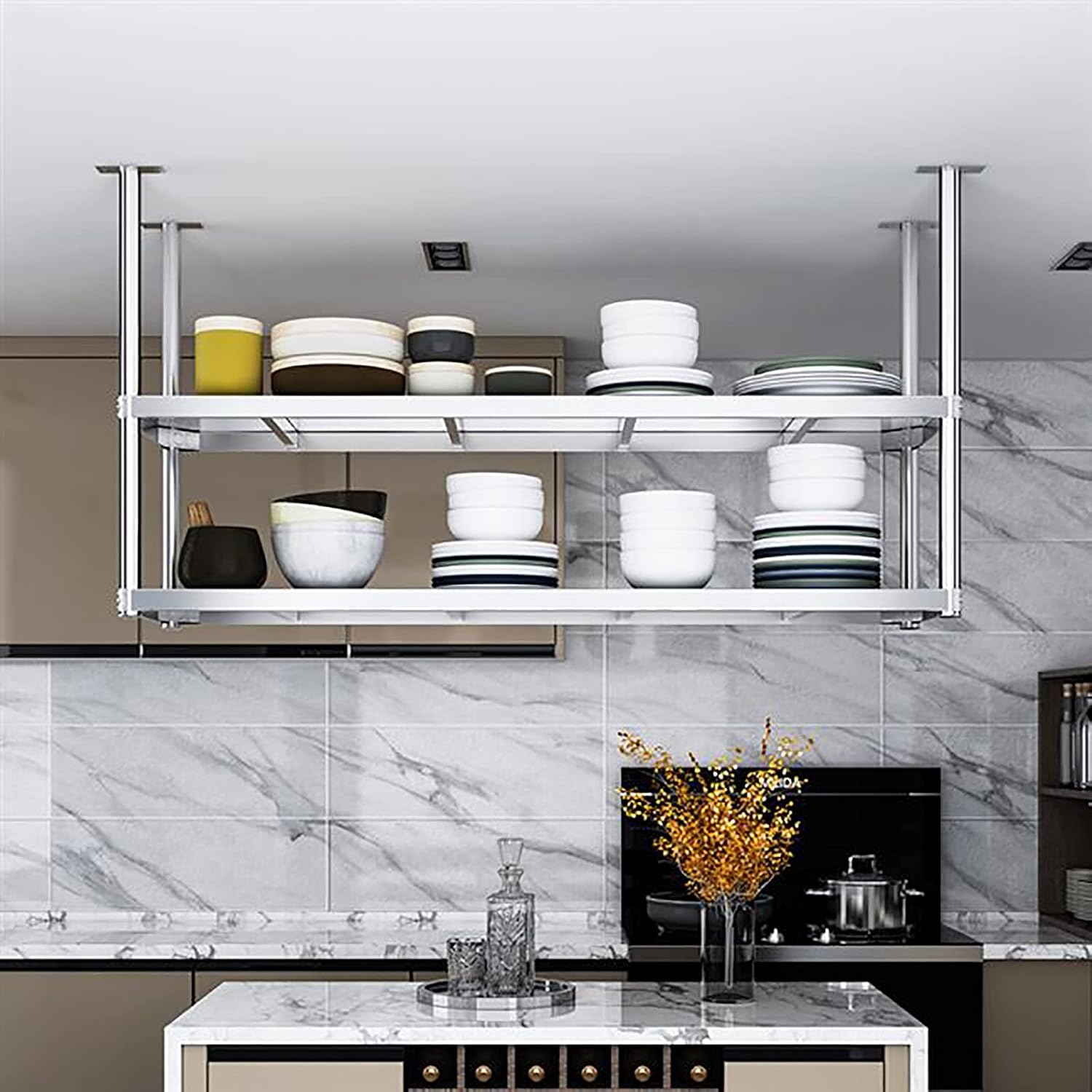 Ceiling Wine Glass Rack 304 Stainless Steel Ceiling Shelf,Restaurant/Bar Hanging Ceiling Holder,2 Tier Hanging Partition Shelf/Pot Rack Kitchen Flower Holder Storage Stand(60cm)