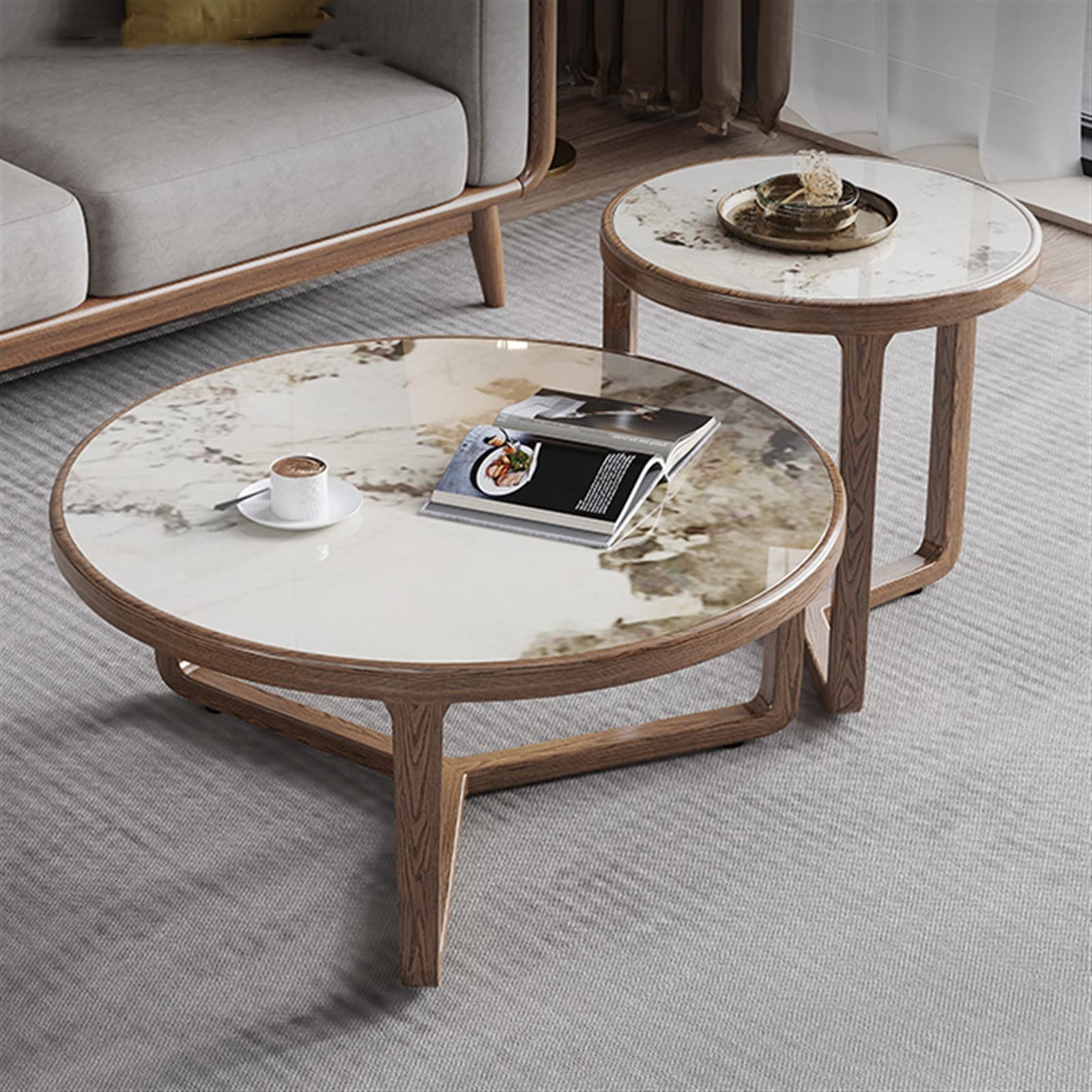Tavolini da Caffè Tavolini Bassi Set di 2 tavolini rotondi a incastro, tavolino moderno, tavolino con piano in ardesia e gambe in legno naturale, tavolini rotondi a incastro for soggiorno per Soggiorn