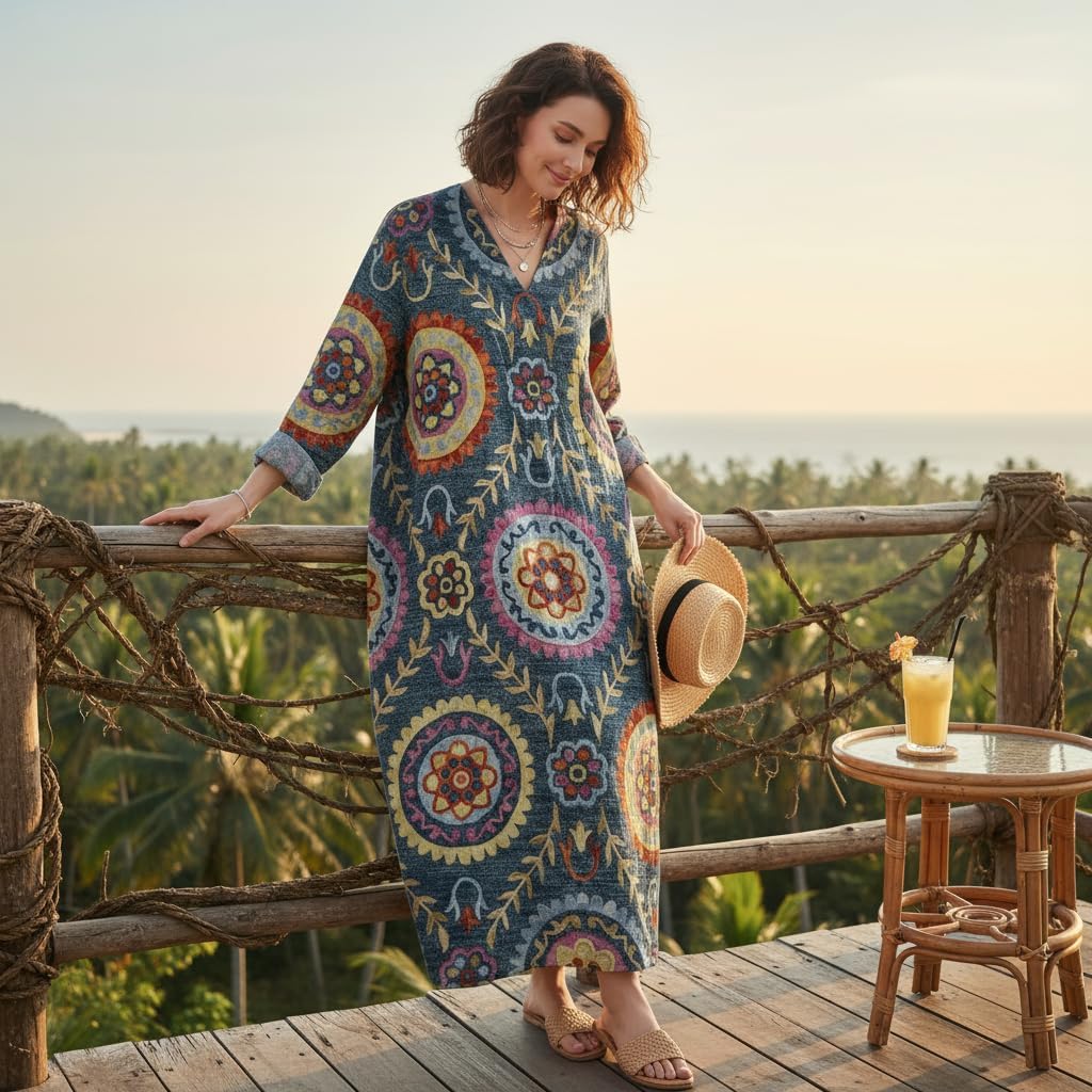 Akivide Women's V Neck Boho Floral Linen Maxi Dress Casual Plus Size Long Sleeve Beach Vacation Tunic Dresses with Pockets - Image 5