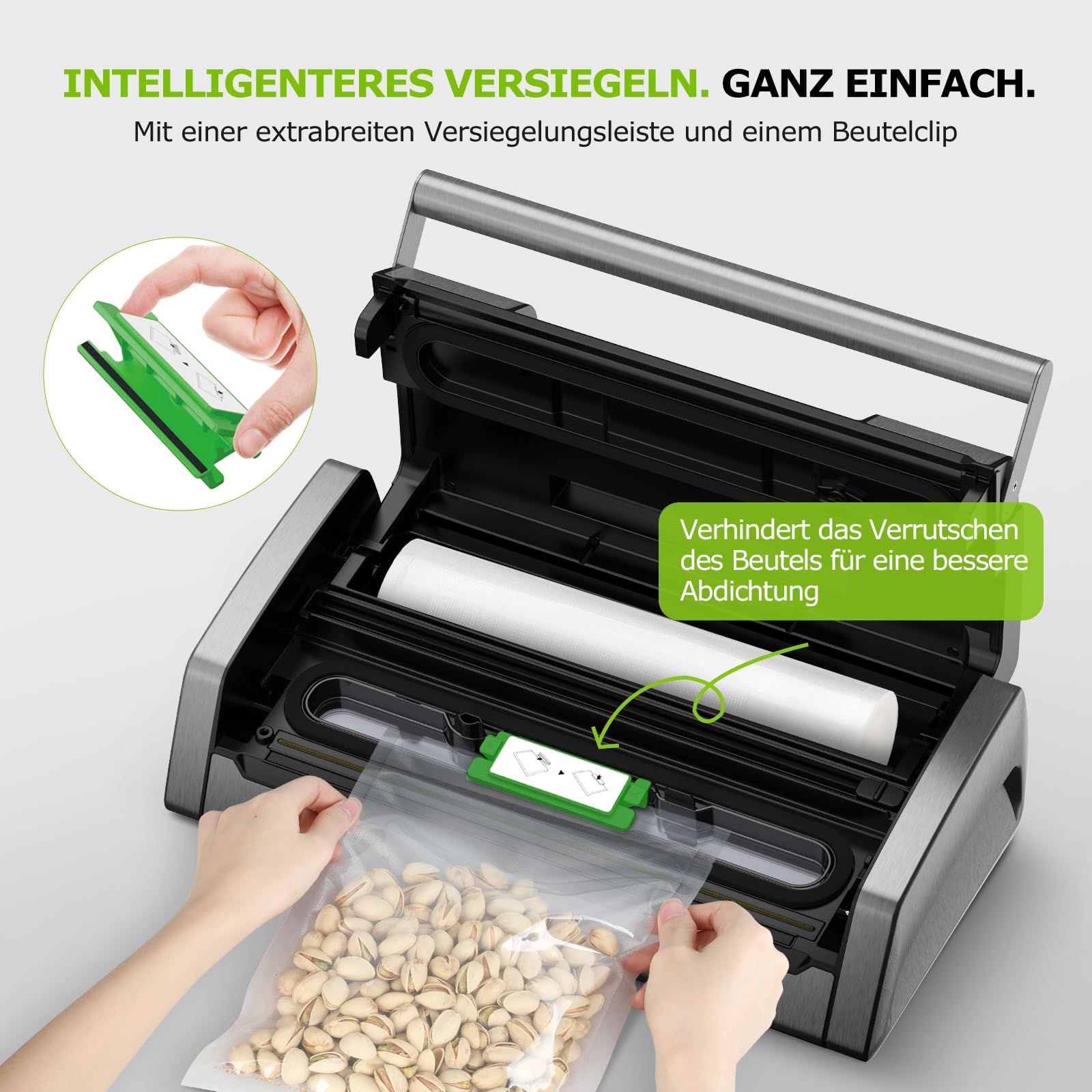 Bonsenkitchen Vakuumiergerät VS5100 15 L/min, Vakuumierer mit Beutelclip, Griffverriegelung, Schneider, für Sous-Vide-Garen