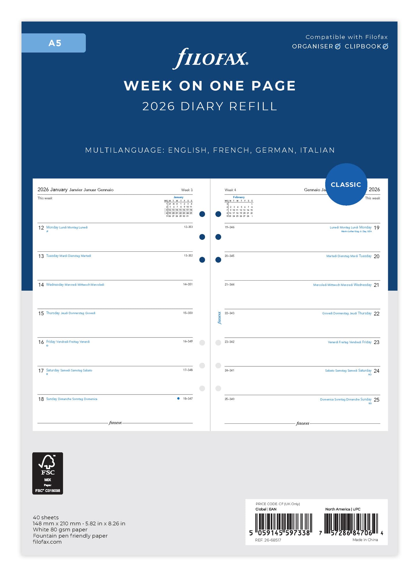 Filofax 2026 A5 Diary - Week On One Page - Classic Refill 68517