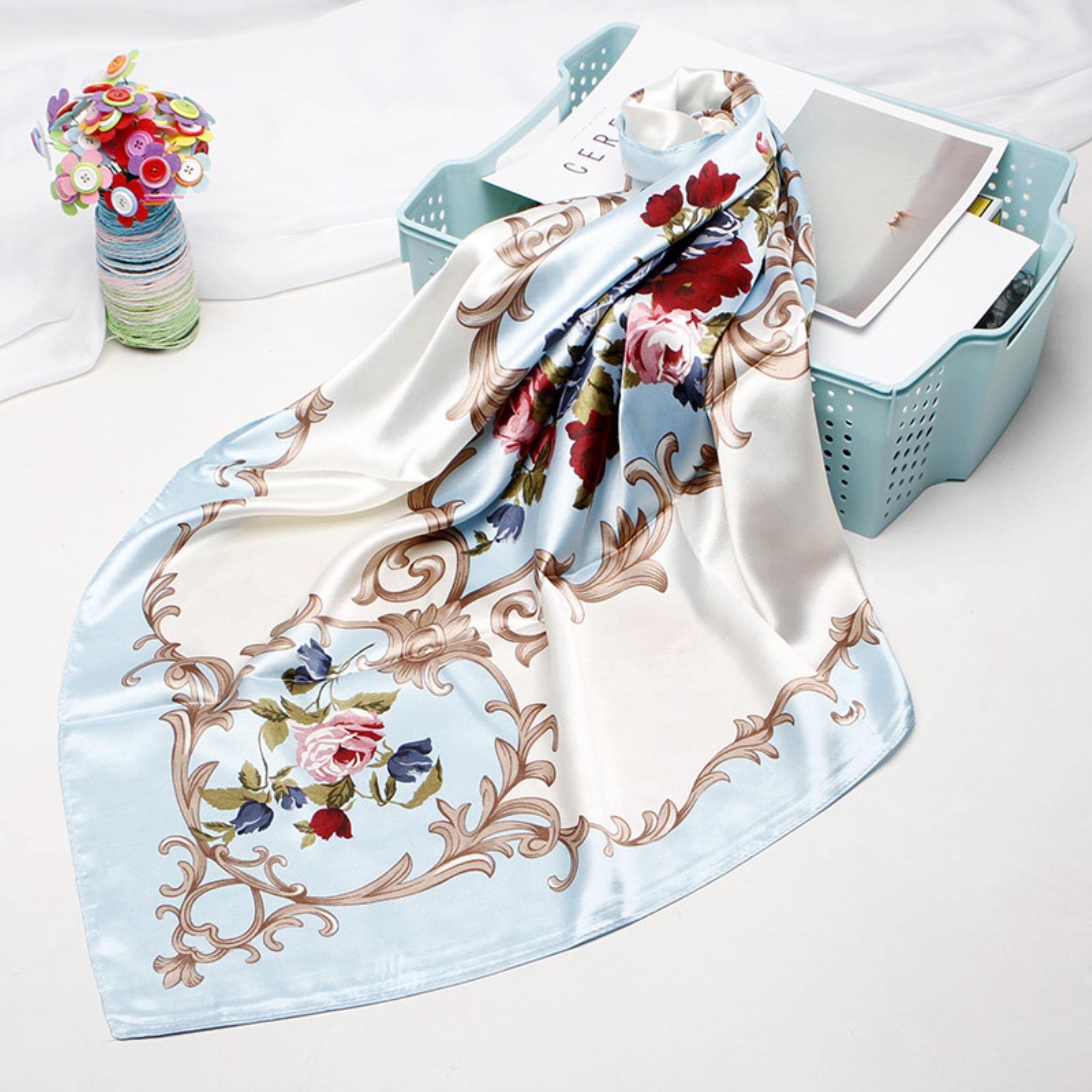 Bufanda Moda Estampado Floral Pañuelo para el Cabello para Mujer Pañuelo Seda Satén Hijab Bufandas 90 * 90Cm Chal Cuadrado Diadema Bufandas para Damas (Azul Cielo 90X90cm)