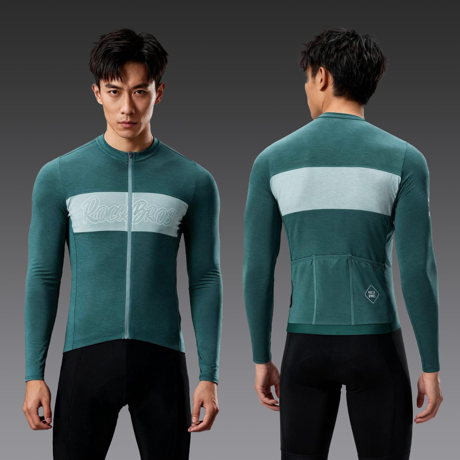 ROCKBROS Winter-Radtrikot für Herren, langärmelig, Thermo-Tencel & Merinowolle, Fahrradtrikot mit 3 Taschen, weich und atmungsaktiv
