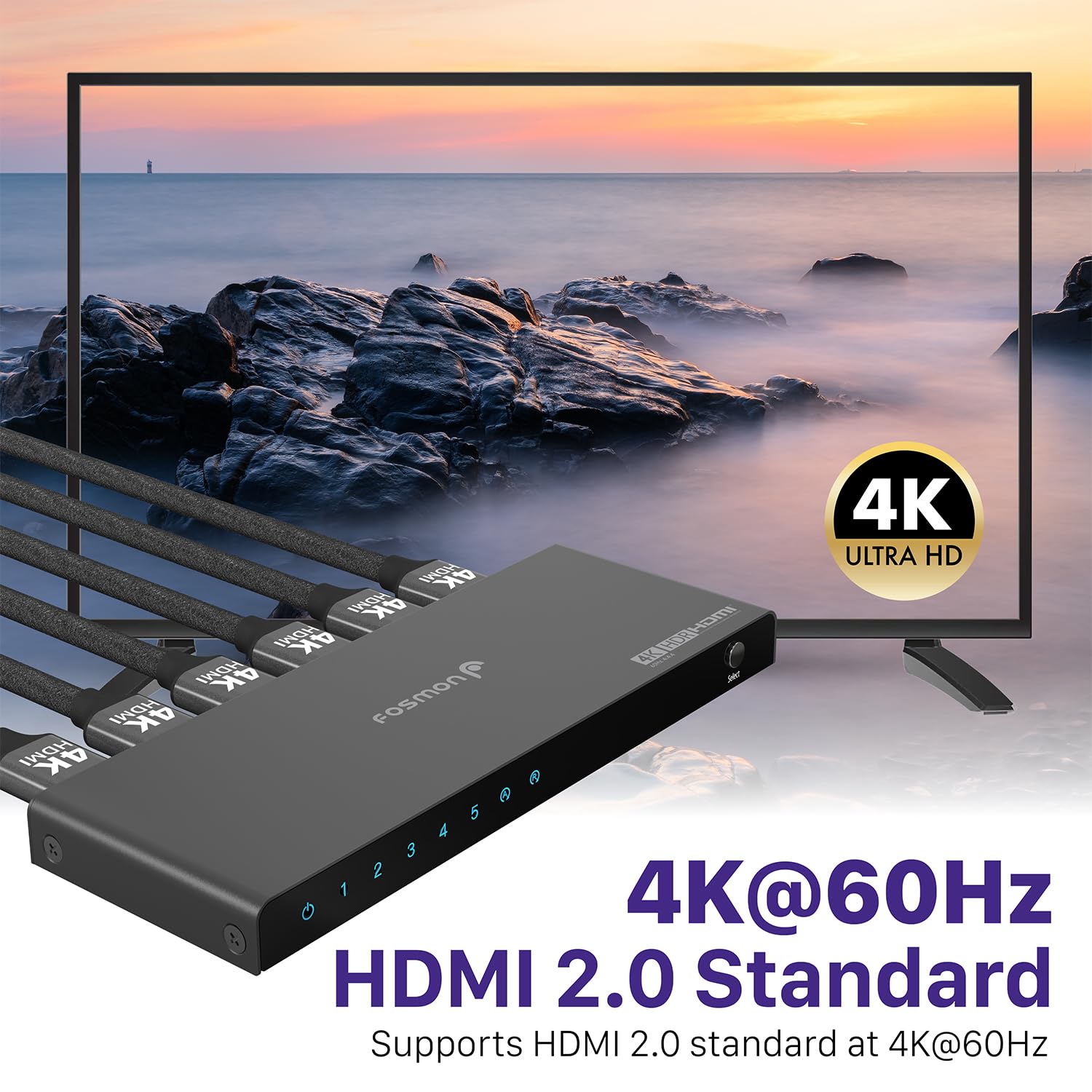 Fosmon Switch HDMI 4K 5 Porte con Telecomando, 4K@60Hz HDCP 2.2 18Gbps, Commutatore HDMI 2.0 Auto 5 in 1 Uscita Hub compatibile con PS5, Xbox X|S, Apple TV, DVD, Laptop PC, Monitor