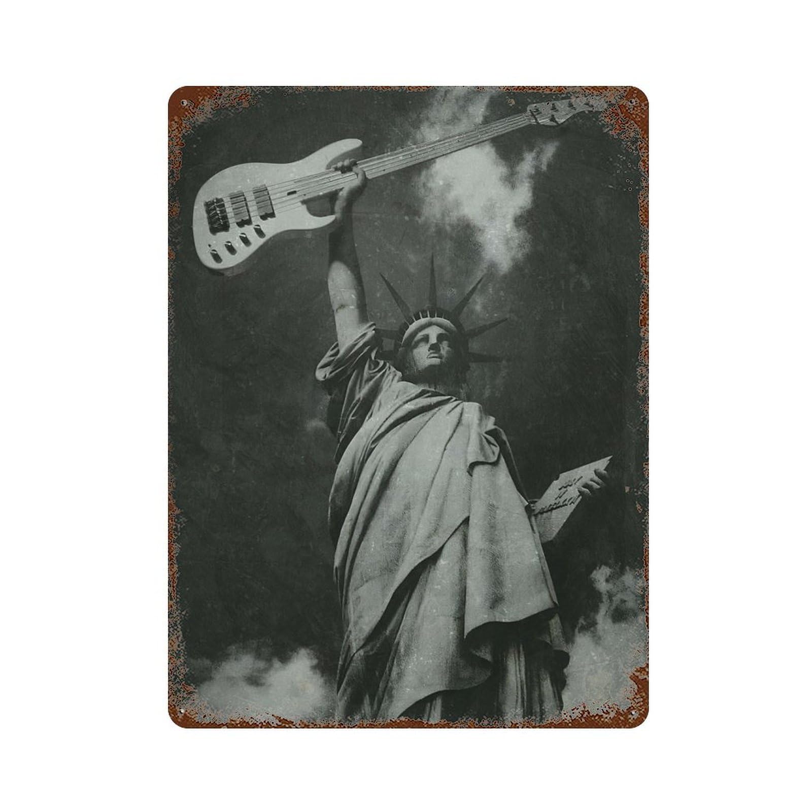 Garage Style Statue of Liberty Guitar Vintage Rust Metal Sign 15.7"x11.8", Rustic Home Decor for Bar And Workshop