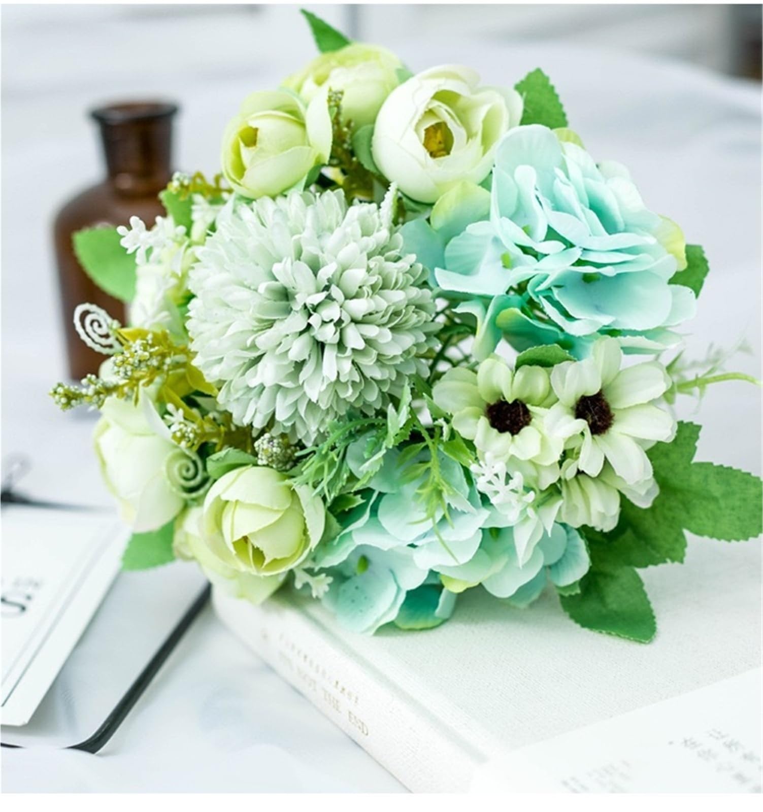 Generico Bouquet da sposa con peonie rosa finte alte 31 cm, fiori artificiali per la decorazione di feste in casa(Rose Blue,Silver)