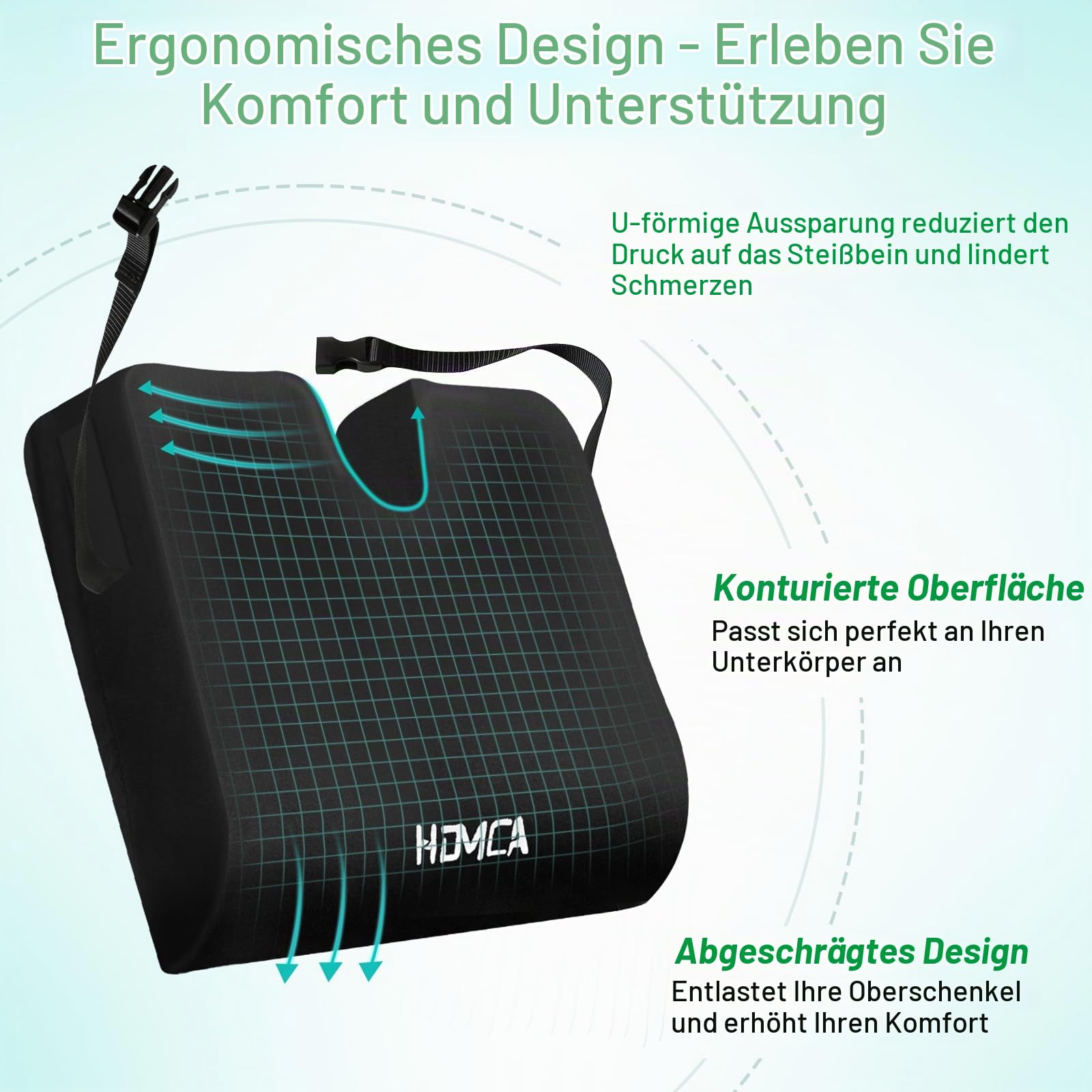 HOMCA Sitzkissen Wasserdicht für Rollstuhl, Ergonomisches Memory Foam Steißbeinkissen für Hämorrhoiden und Sitzkomfort, Auto- und Bürostuhlkissen, Mit Wasserdichtem Bezug, 40 x 45 x 7,5cm | 45×40×7,5 cm, Ergonomisches U-förmiges Design, Erhöht Sitzkomfort