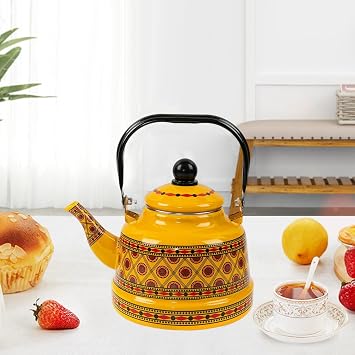 Stylish 5L Enamel Tea Kettle Teapot for Outdoor Entertaining, Yellow Style B
