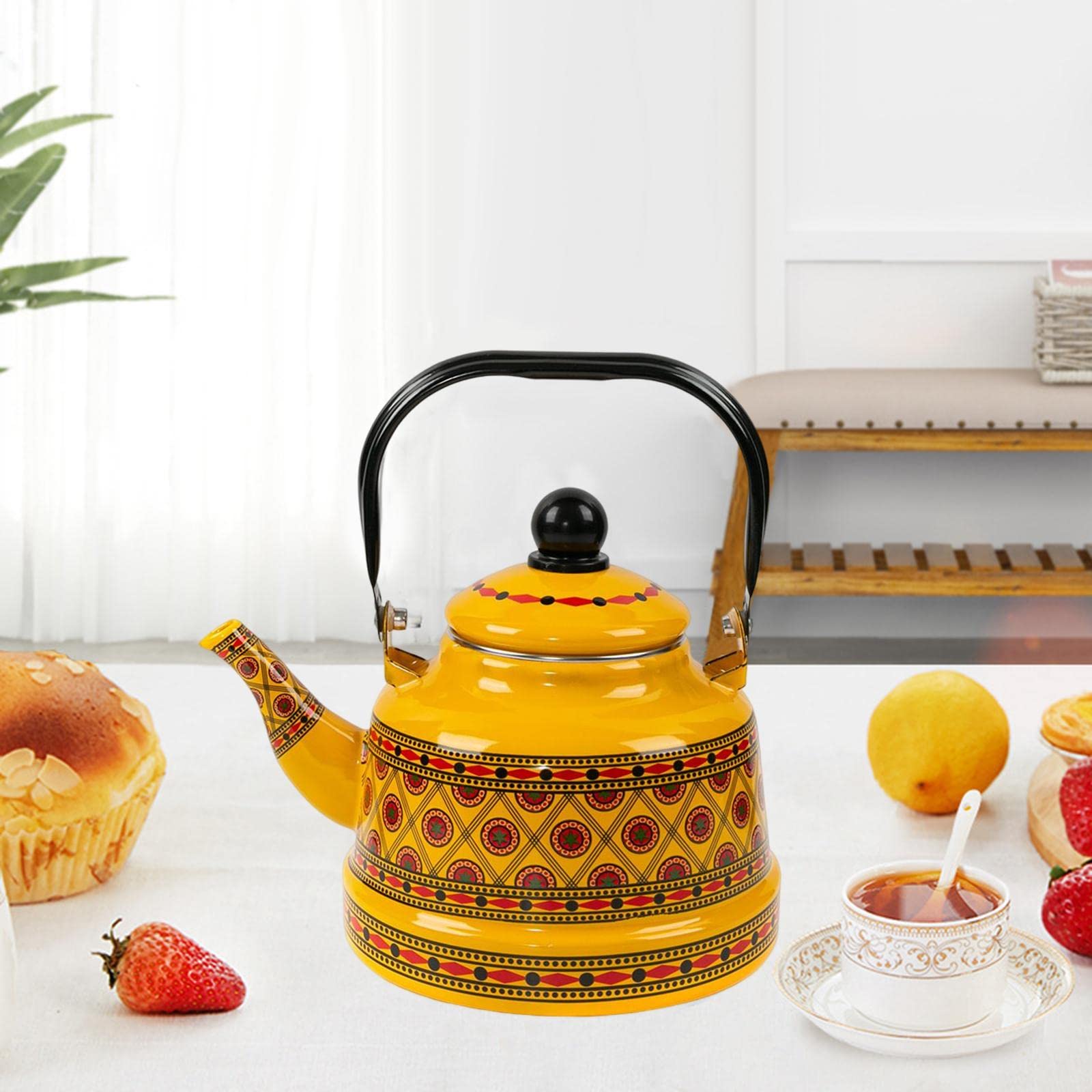 2,5 l emaillierter Teekessel, tragbarer Warmwassertopf, Geschirr, glasiert, klassisches Design, kein Pfeifen, Teekessel für den Herd zum Picknick, gelber Stil B (gelber Stil B)