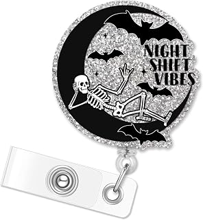 ERHACHAIJIA Night Shift Vibes Retractable Silver Glitter Badge Reel with Clip, Funny Skeleton Bats ID Card Badge Holder Gift for Night-Nurse Doctors Nurses Social Worker Office Worker, 3rd Shift