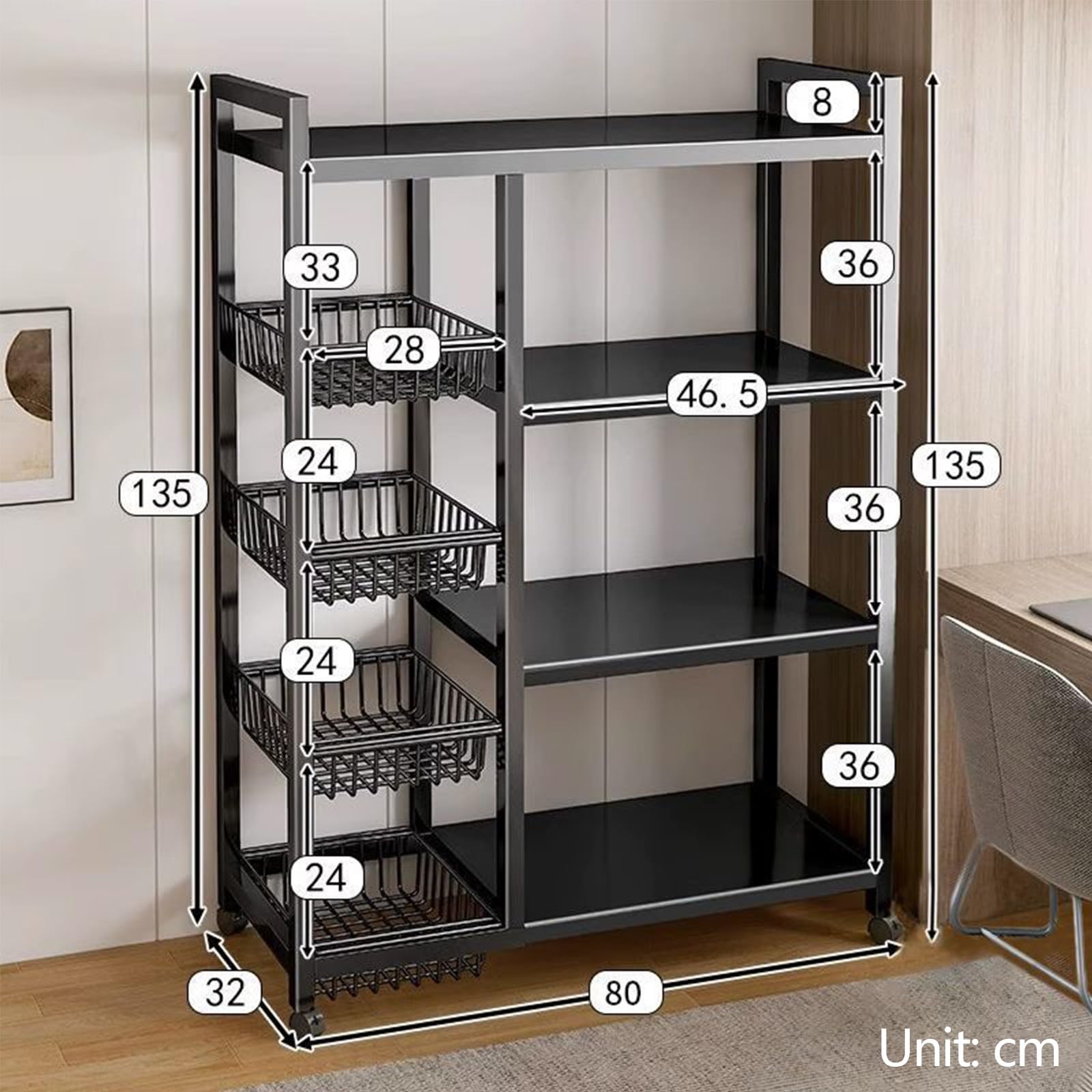 Metallregale für Küchen – 4 Etagen Robustes Lagerregal mit Rollen, 200 kg Tragkraft, rutschfeste Füße, perfekt für Garage, Büro oder Bücherzimmer, 80 x 32 x 135 cm