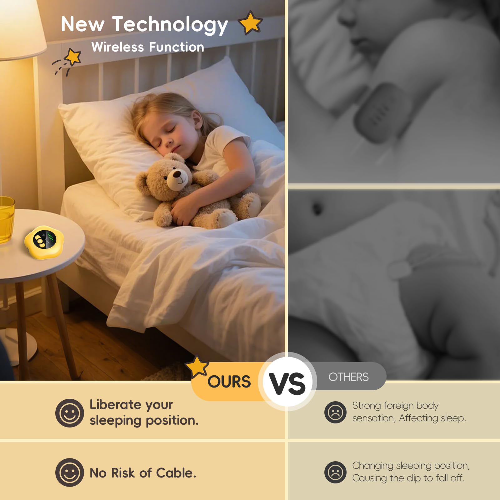 Allarme enuresi wireless, USB ricaricabile, vasino con suono e vibrazione, giallo, per bambini e adulti, con sensore di umidità enure