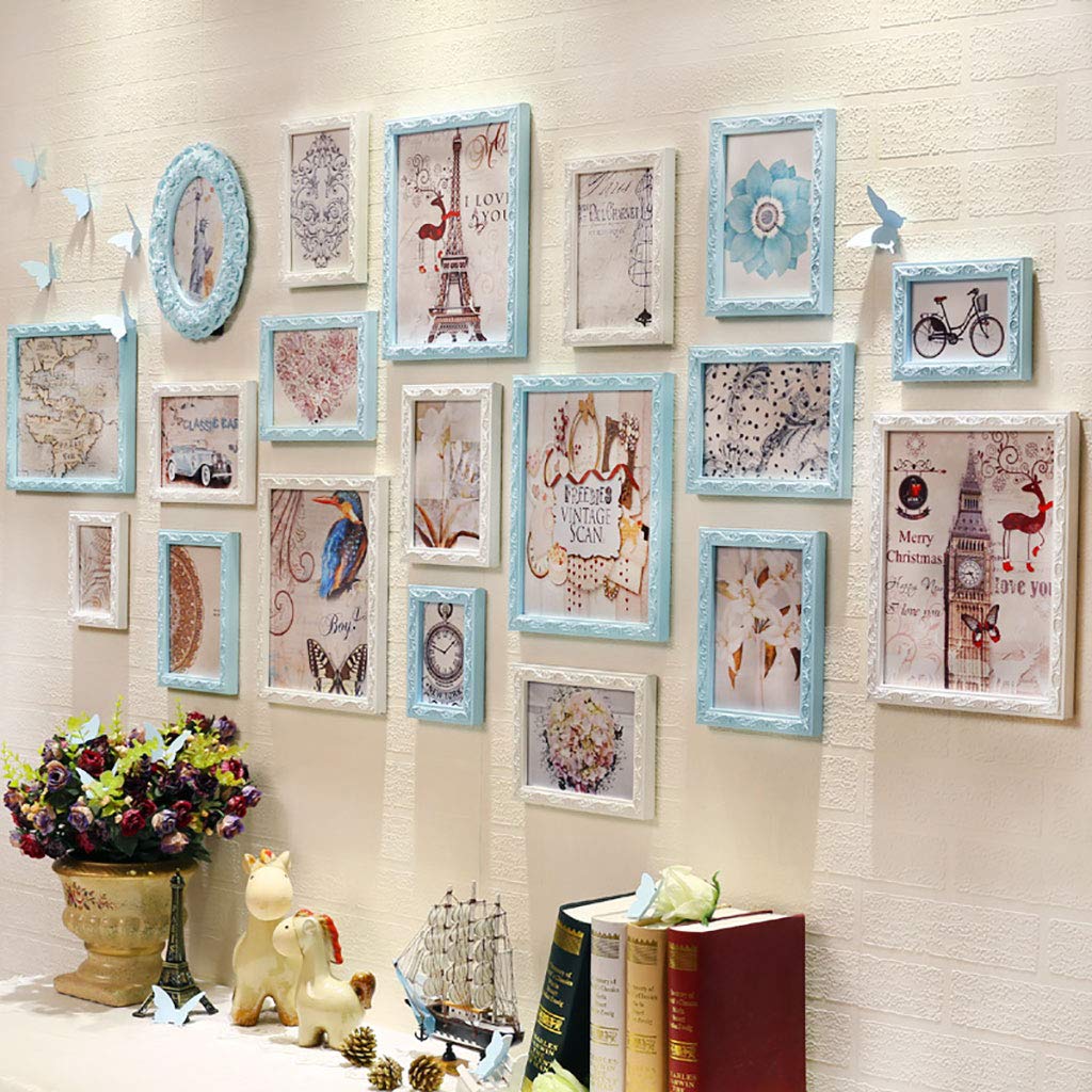Cadre en bois pour galerie murale salon : lot de 26 cadres photo bleu WJNY