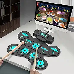 Conjunto de bateria eletrônica, conjunto de bateria elétrica enrolável com 9 blocos, kit de bateria para prática com conector de fone de ouvido, alto-falante integrado, pedais de bateria digital