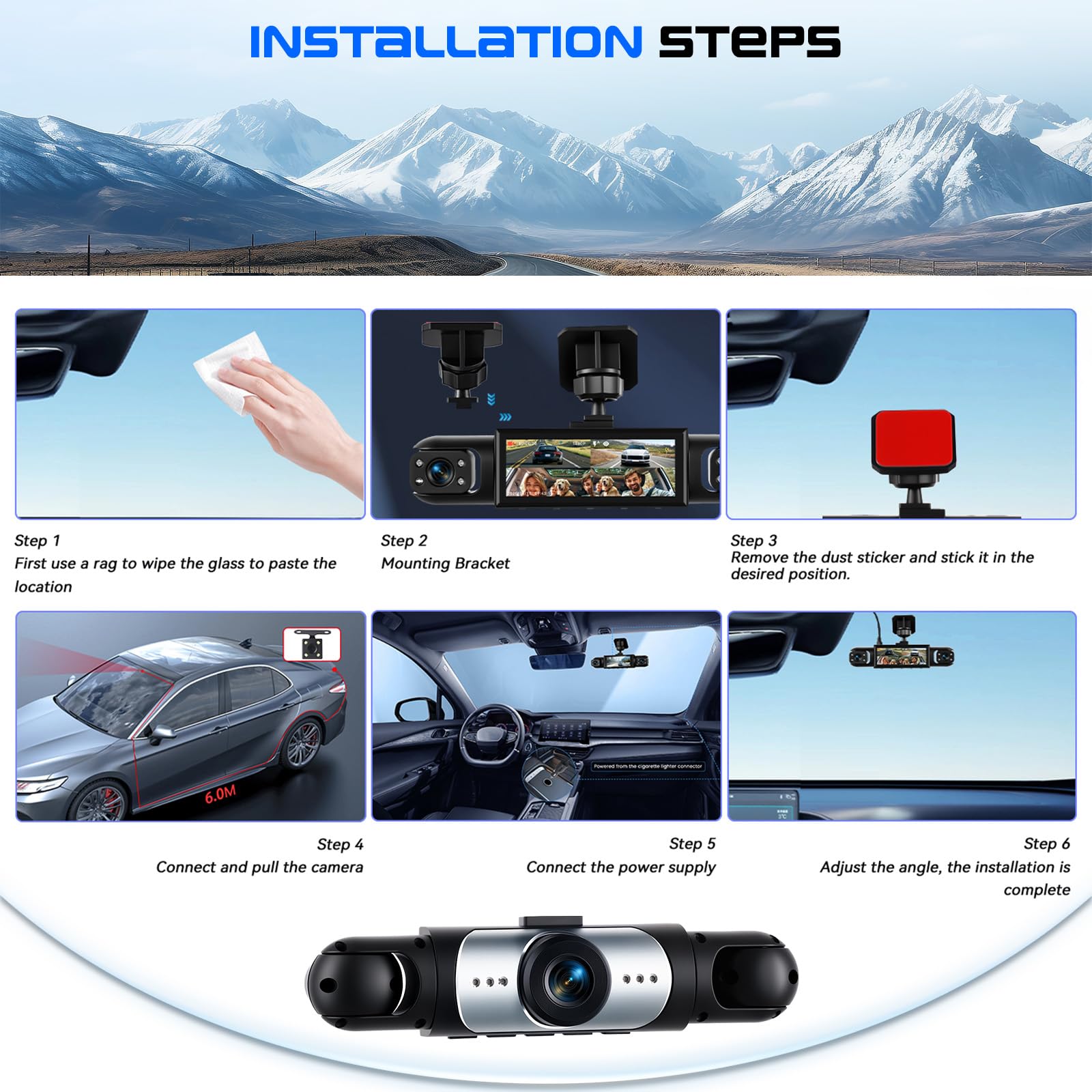 CAMECHO Dashcam 4 Canales 1080P, visión 360° para Coche, 4 cámaras Ajustables, Pantalla 3.16", guías de Aparcamiento, Compensación de exposición, grabación en Bucle, Montaje Sencillo