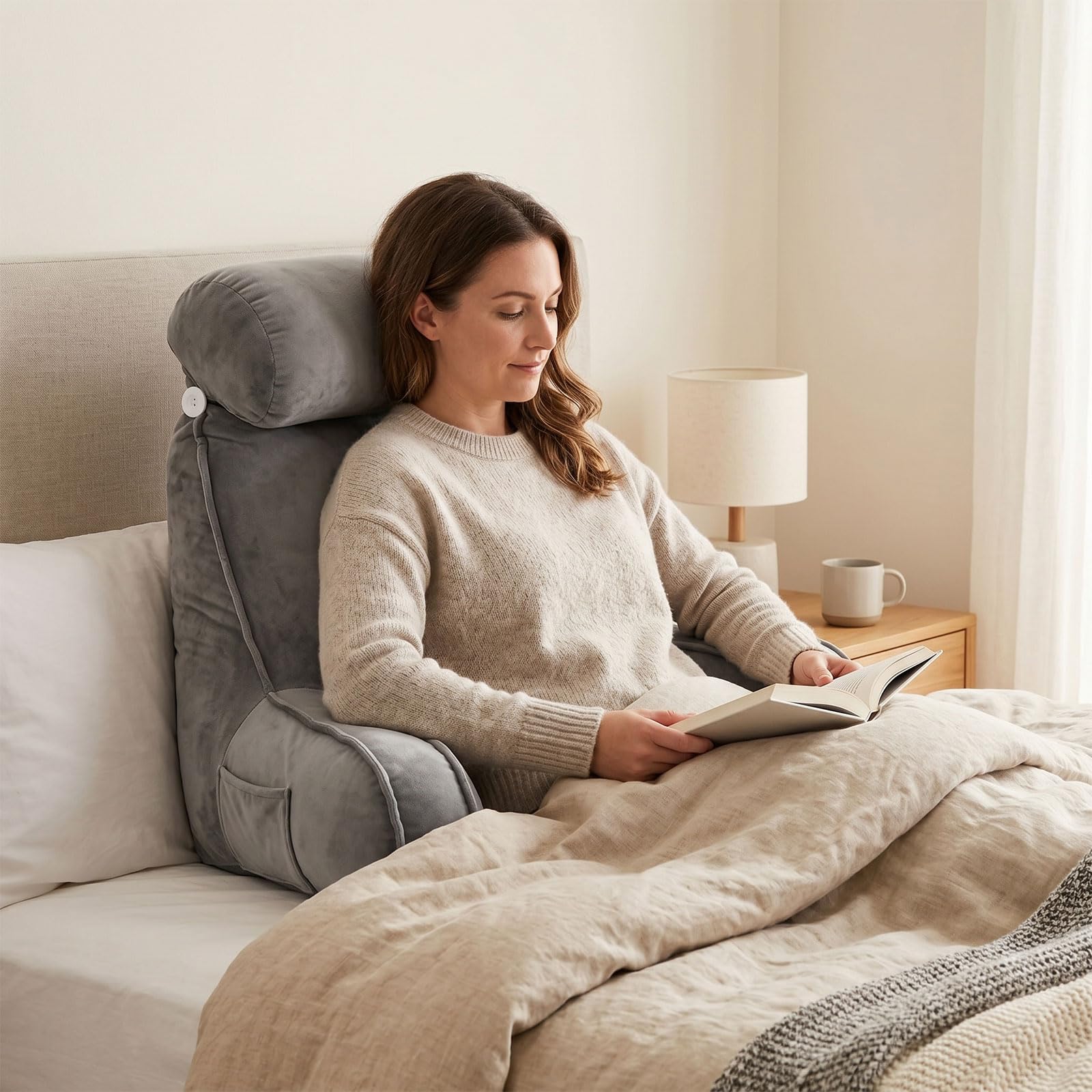 Cojín de lectura para cama y sofá ergonómico con cojín cervical, cojín de respaldo grande con espuma viscoelástica, cojín de apoyo lumbar con bolsillos, cojín de lectura para leer, relajarse