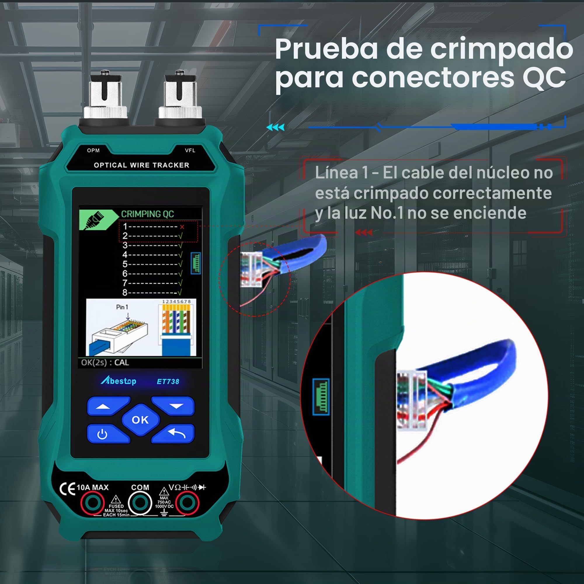 ET738 Comprobador de cable de red con multímetro Múltiples funciones | Función PoE Cable Óptico Medidor Tracer Longitud Cable Medición