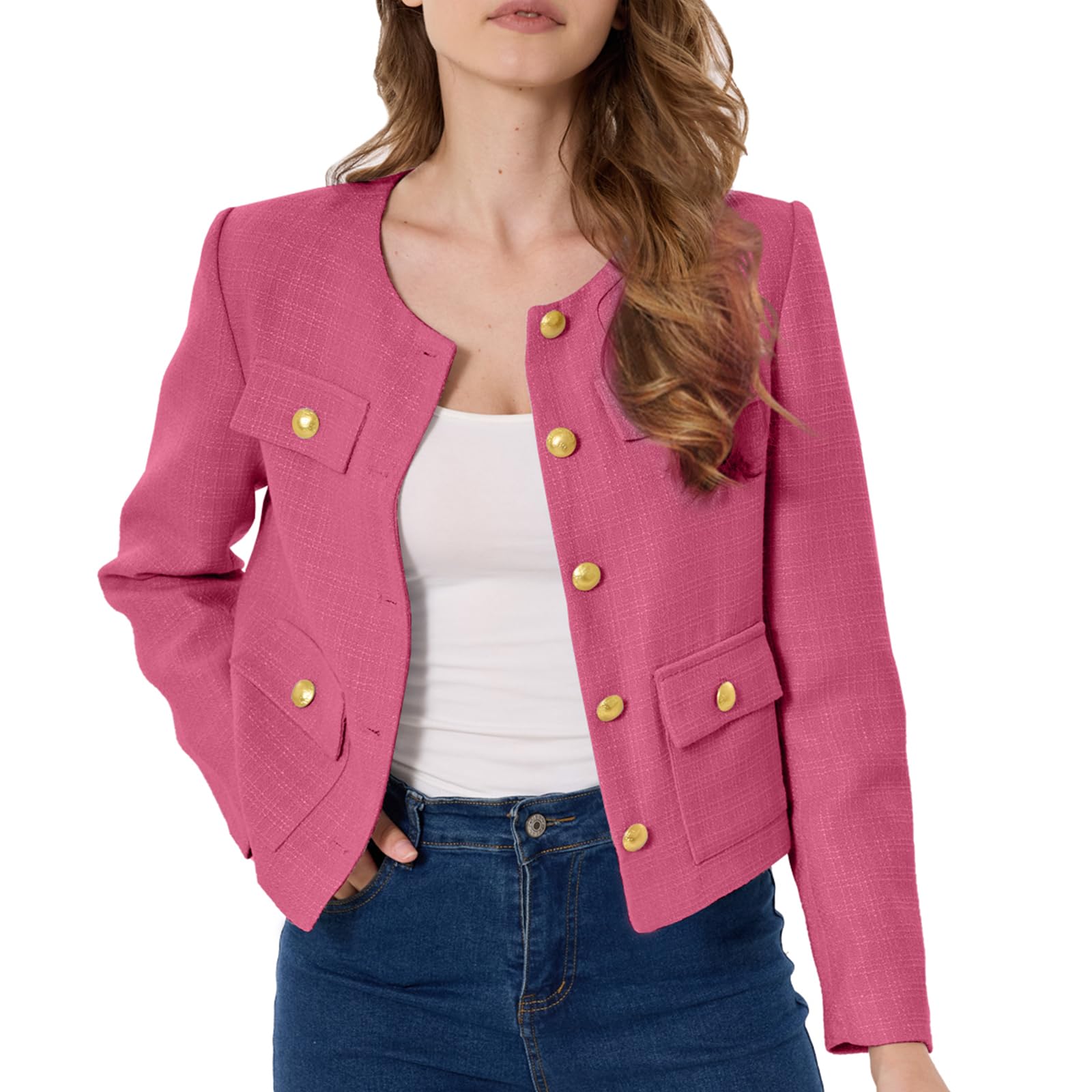 Womens Tweed Jacket Cropped Blazers Spring Summer Round Neck Business Work Office Plaid Jacket