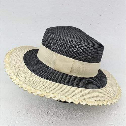 Sombreros de barco de patchwork para mujer, sombreros de paja tejidos a mano, banda ancha, sombrero de playa, sombrero de Panamá