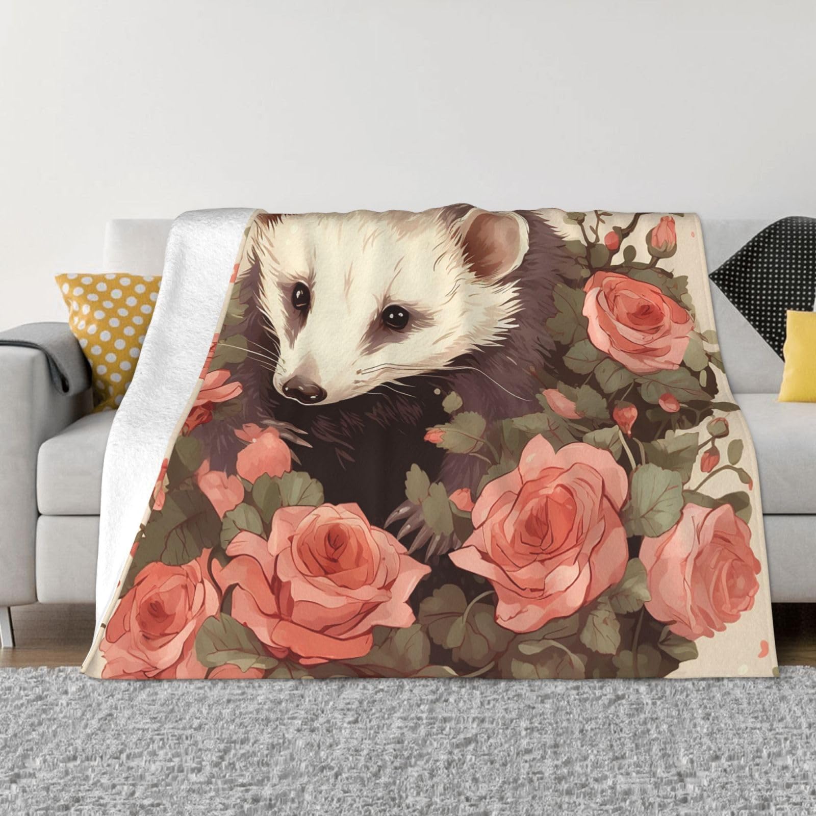 Fodpand Black Opossum And Roses Flannel Blanket 40"X30" - Ultra-Soft Lightweight Throw Blanket For Bed, Sofa - Luxury Air Conditioning Blankets - Cozy Warm Blankets For All Seasons