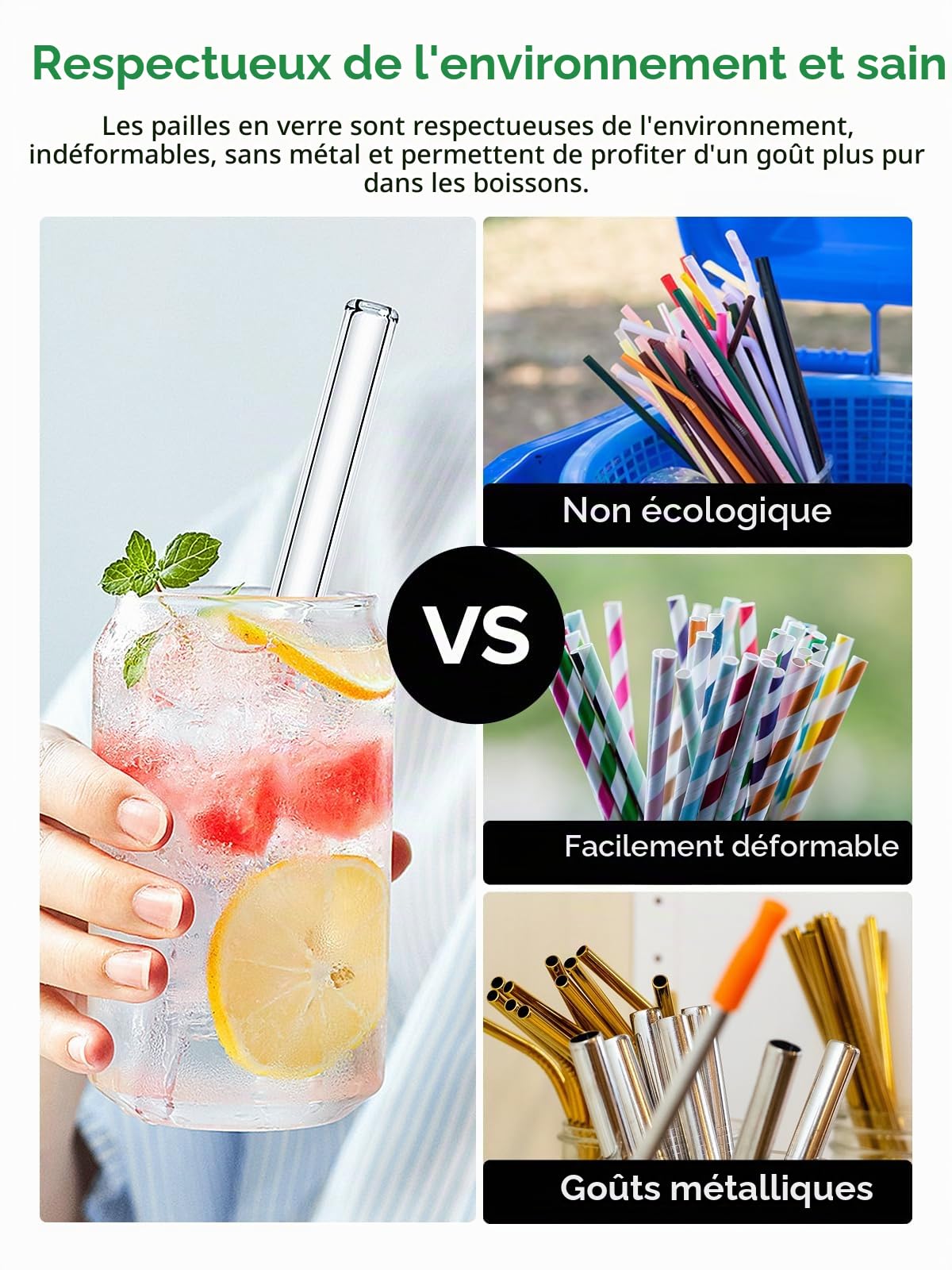 Realure Lot de 4 Pailles en Verre Transparente 14mm 21.5cm pour Bubble Tea Smoothie Cocktail