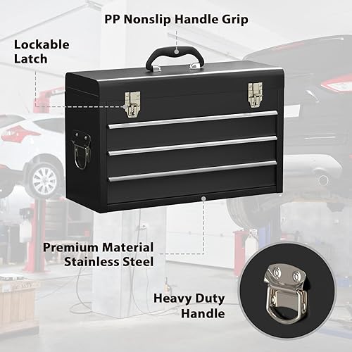 Miniatura 4 de Madertool - Caja de herramientas de acero de 3 cajones, caja de herramientas portátil de metal con bandeja de almacenamiento superior y asa de