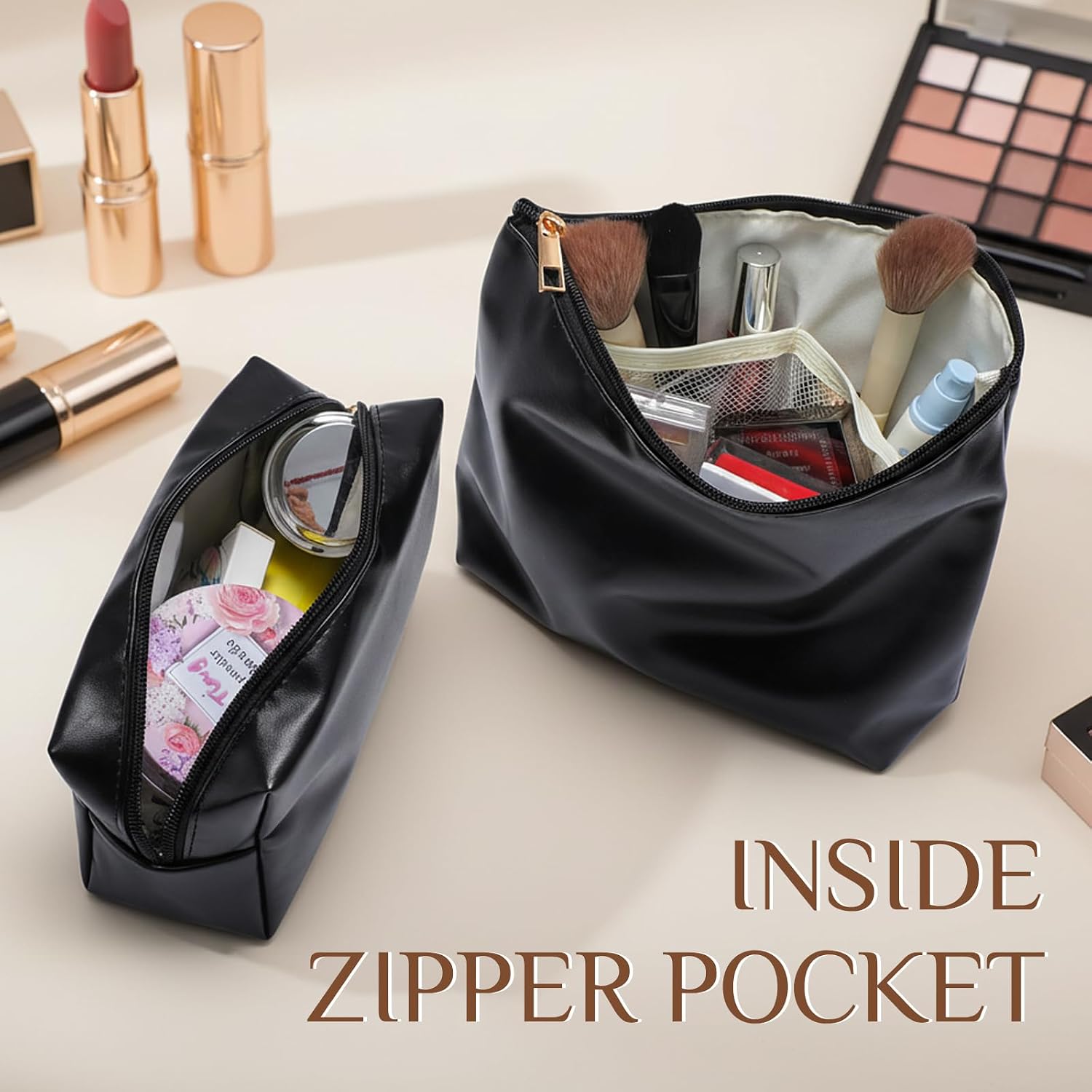 Kigeli 2 Pcs PU Leather Makeup Bag Waterproof Toiletry Case, Black image 3