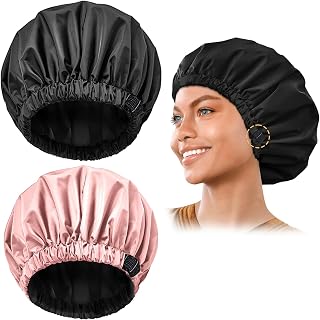 2 Packs Shower Caps for Women,Satin Lined Shower Caps, Reusable, Waterproof, Adjustable Size,Bath Hair Hat for All Hairstyles (Multicolour)