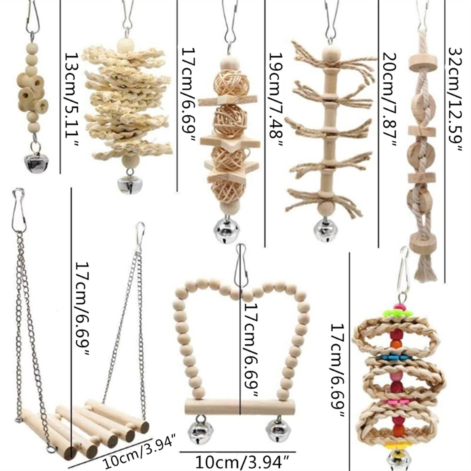 Vogelspielzeug 8 Teile/Satz Vogel Papagei Swing Chew Spielwaren Natürliches Holz Hängende Glocke Vögel Käfig Spielzeug Für kleine Sittichets Cockatiels Vogelbedarf