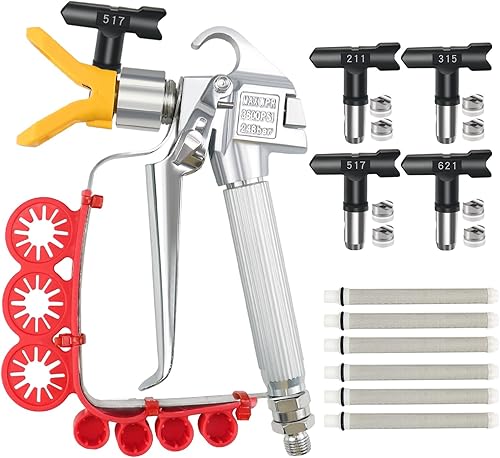 Pistola de pintura sin aire con soporte para boquillas de punta y 4 puntas de pulverización reversibles y 6 filtros de pistola pulverizadora,