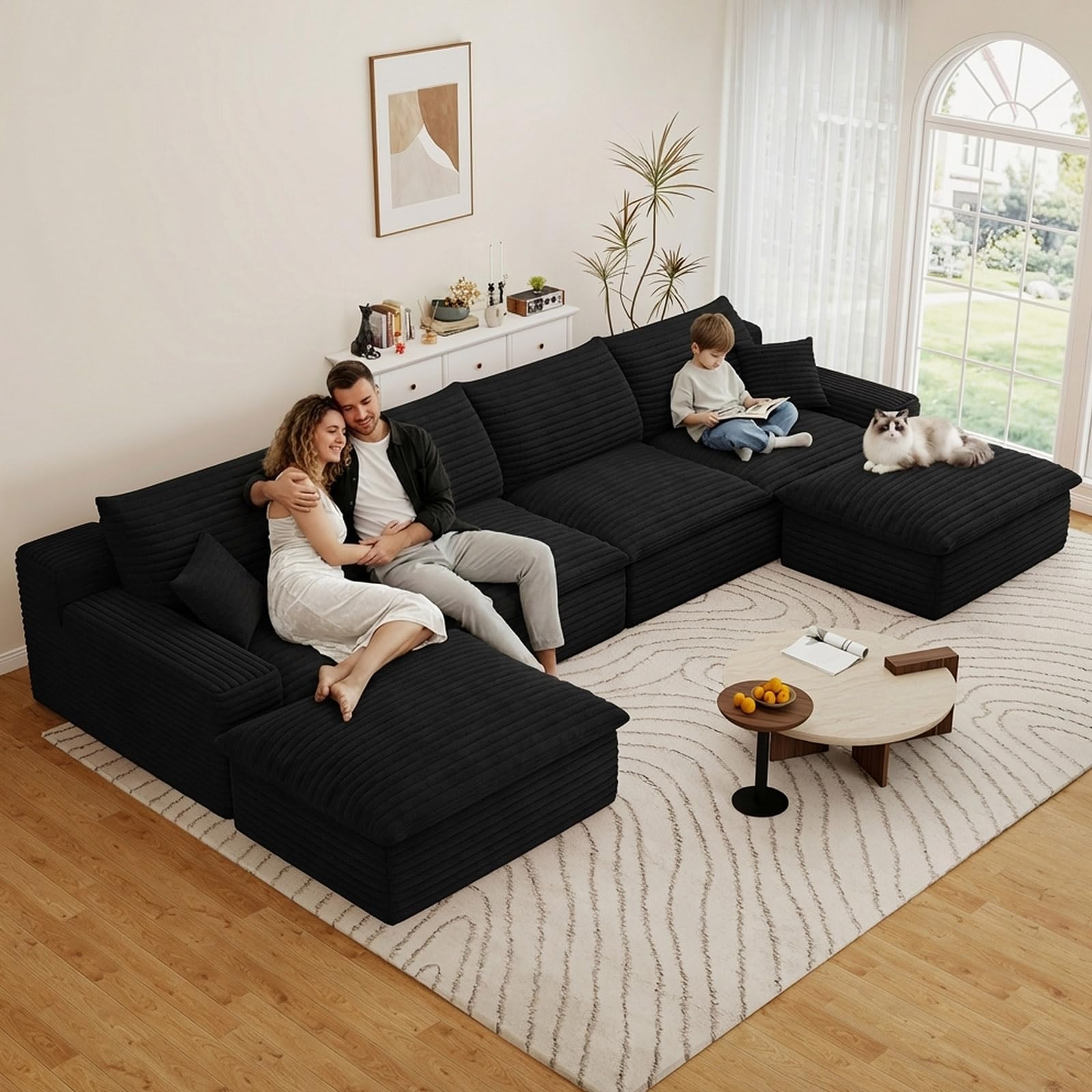 136" Cloud Couch Modular Sectional Sofa for Living Room, U-Shape Boneless Couch with Deep Seat, Modern Corduroy 4-Seater with Ottomans, No Assembly Required, Black