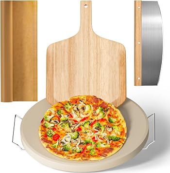 5 PCS Large Pizza Stone Set,Heavy Duty 16" Pizza Stone for Oven and Grill with Handle Rack,Pizza PeelOAK, Pizza Cutter Rocker & Cooking Paper,Large Baking Stone for Pizza, Bread