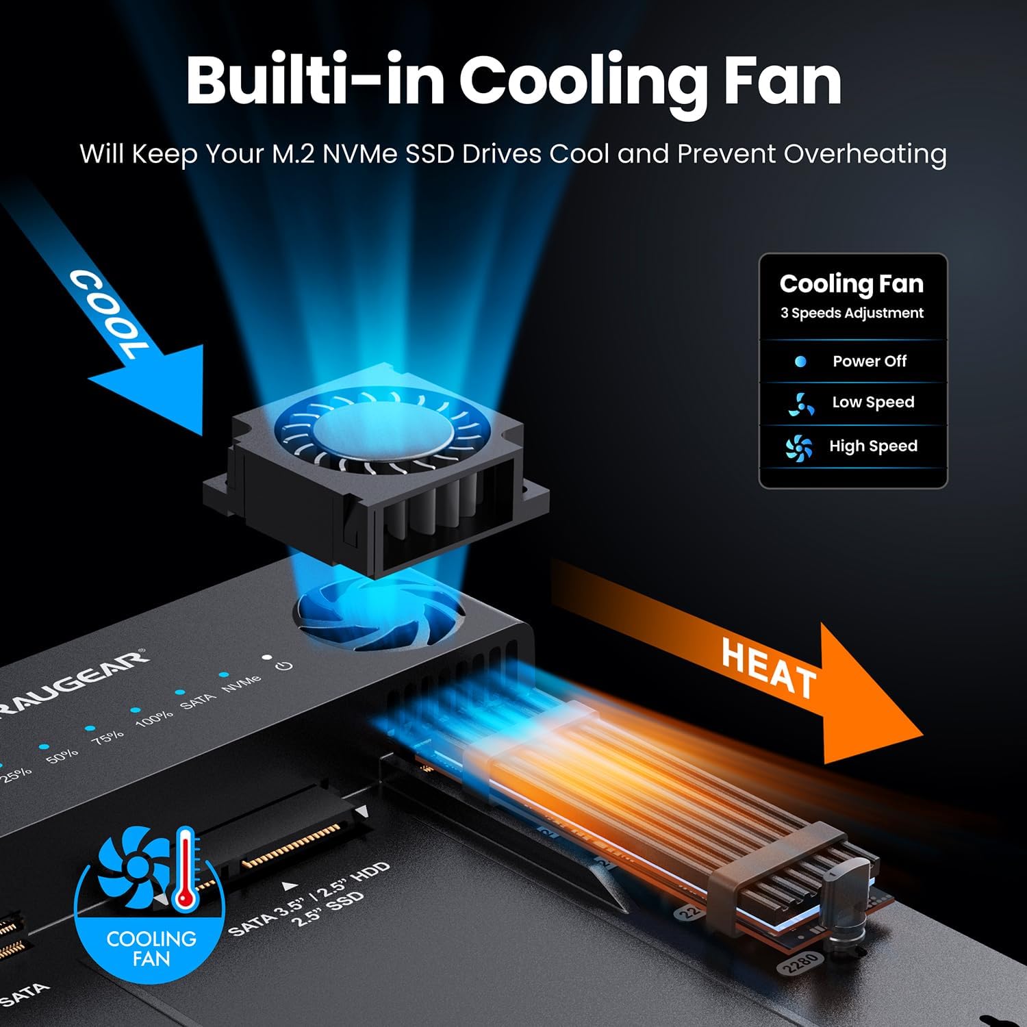 GRAUGEAR SATA SSD/HDD to M.2 NVMe Docking Station, USB-C 10Gbps Clone Station for M.2 NVMe SSD to SATA 2.5”/3.5” SSD & HDD Converter, Offline Cloning, Tool-Free, Built-in Cooling Fan - Image 8