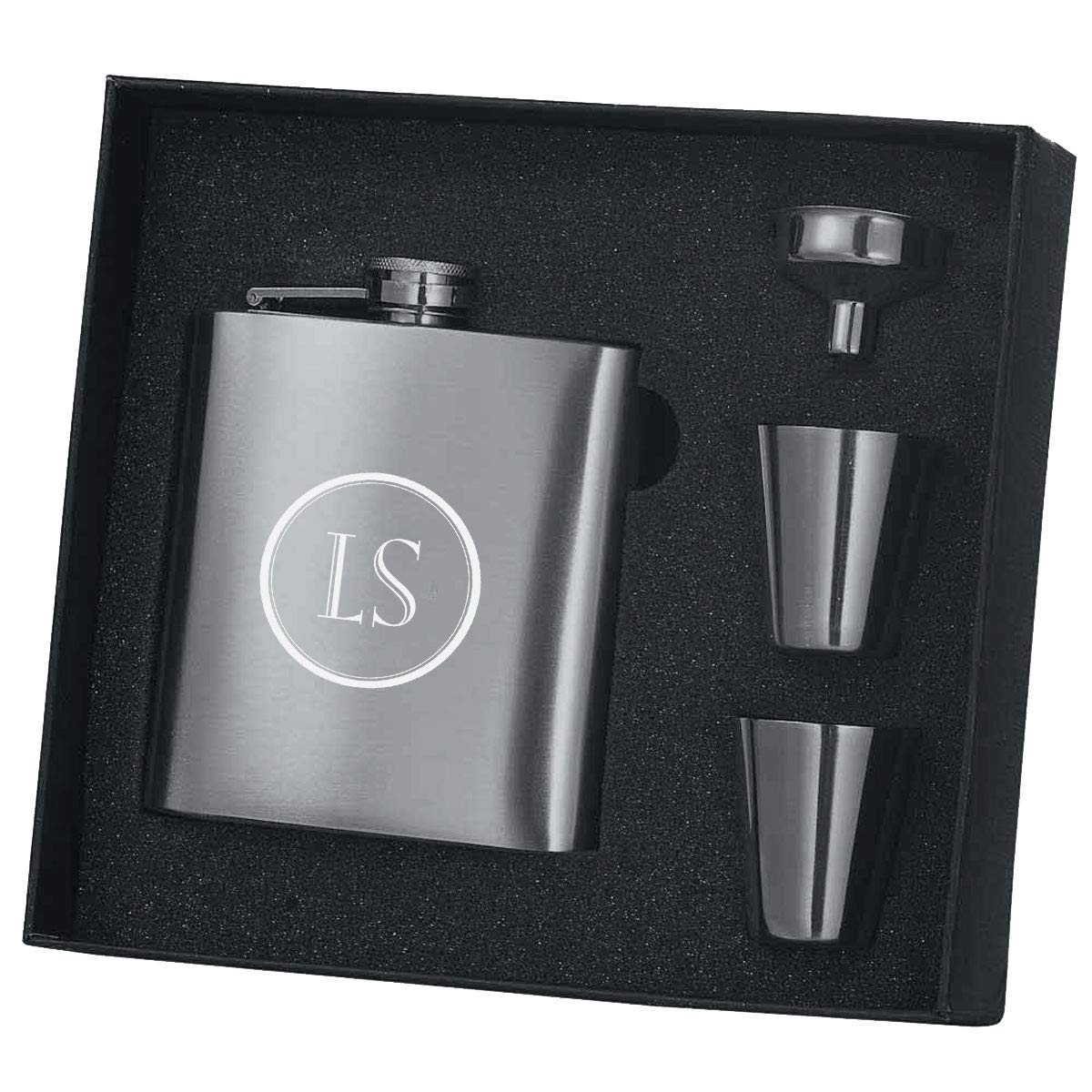 Personalized Visol Rigor Stainless Steel 8oz Flask and Shot Glass Gift Set with Free Two Initials Laser Engraving