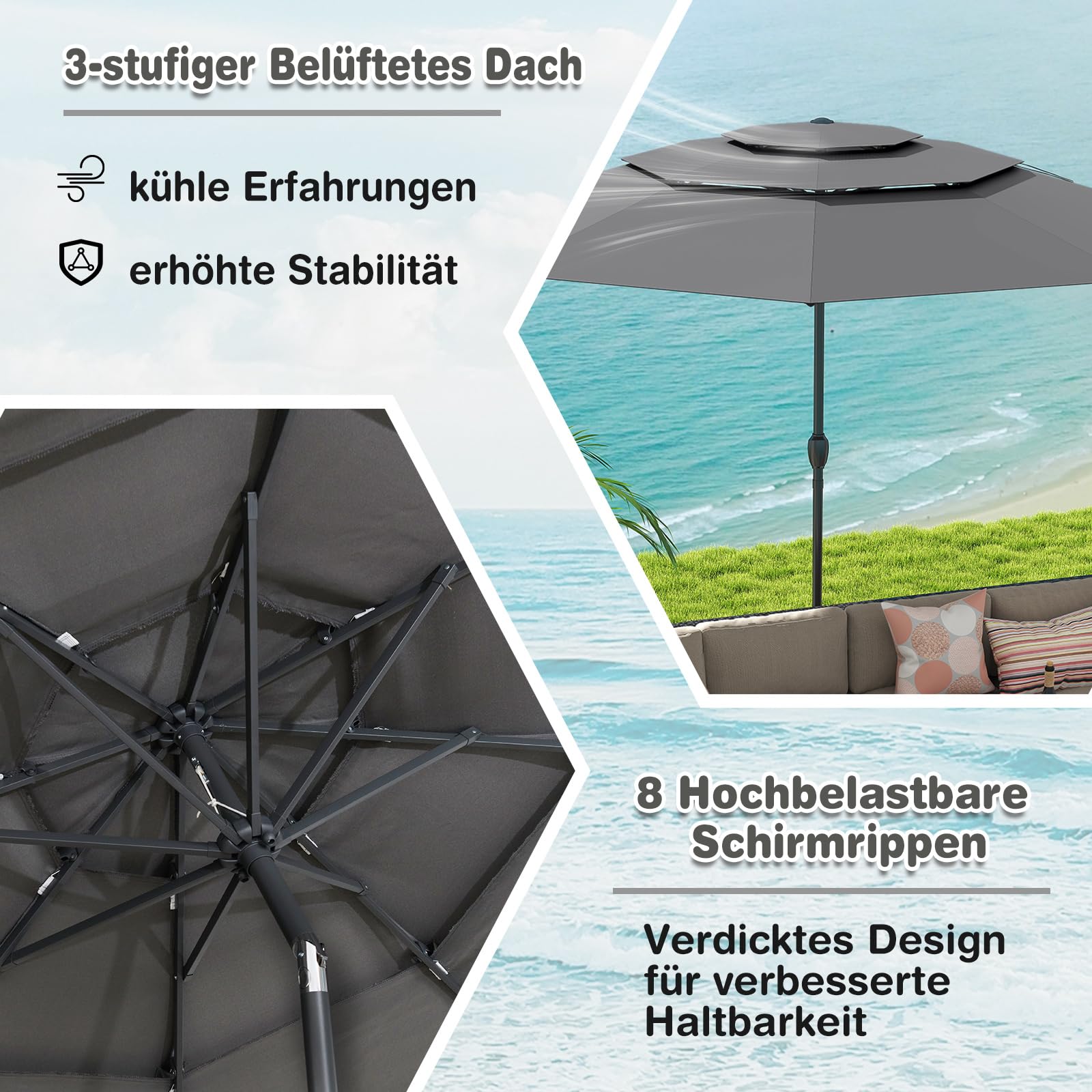 GOPLUS Sonnenschirm 300 cm, Gartenschirm mit Kurbel, beidseitig 30° neigbarer Terrassenschirm mit UV-Schutz, Marktschirm stabil mit 8 Rippen, Balkon Schirm für Strand, Pool, Garten, Grau