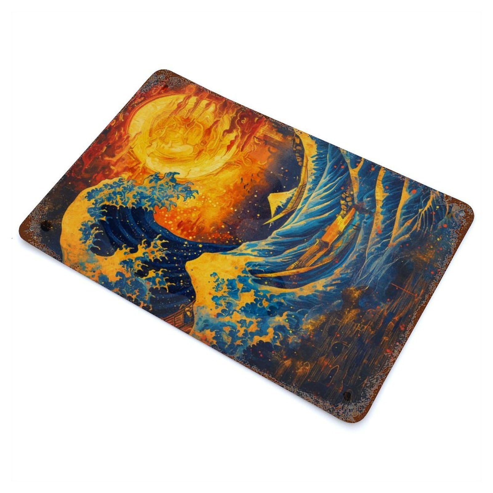 Rust Effect Starry Night Wave Japan Retro Metal Sign 11.8"x7.9", Farmhouse Wall Decor for Living Room, Hallway And Home Decor