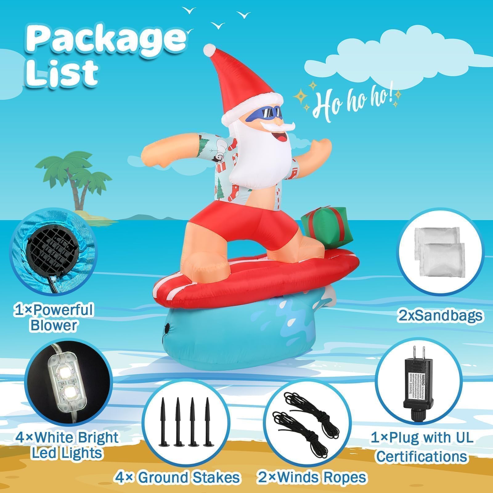 Decorazioni natalizie gonfiabili di Babbo Natale, per esterni, 2,5 m, hawaiano, surf, gigante, grande, alto, divertente, decorazione natalizia per cortile, decorazione per interni ed esterni