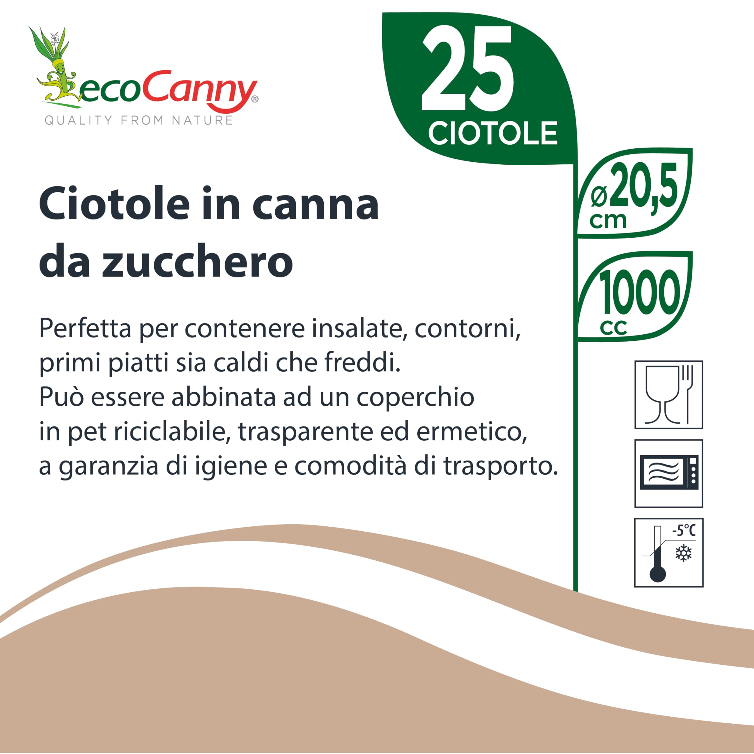Ciotola Ecologica in Canna da Zucchero 205mm Biodegradabile Compostabile 25 Pezzi
